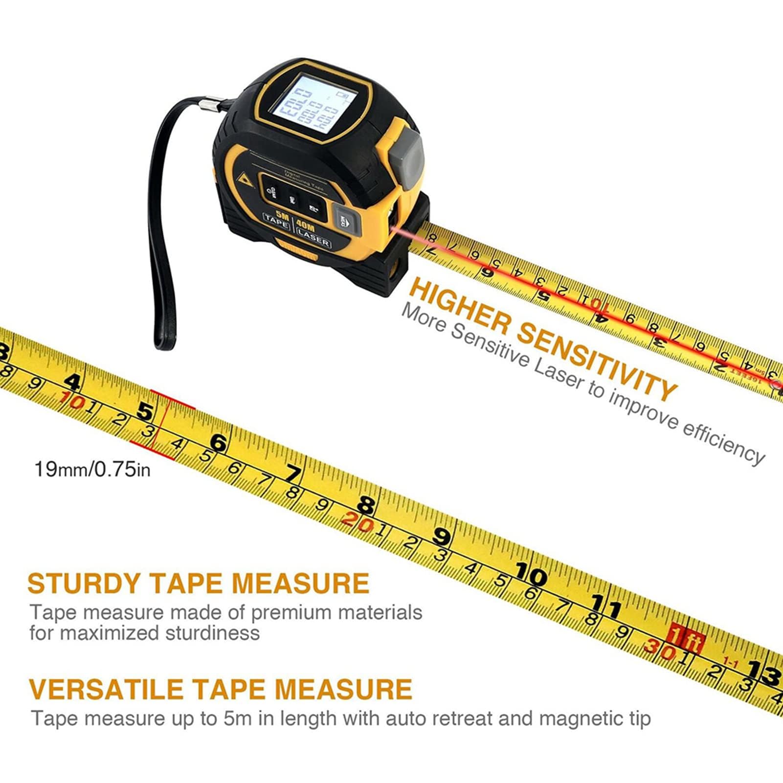 3-in-1 Laser Measuring Tape 196ft/131ft High Accuracy Digital Laser Distance Meter with 16ft Manual Tape Measure - Yellow (40m Range) for Home Improvement, Construction, DIY Projects & Interior Design