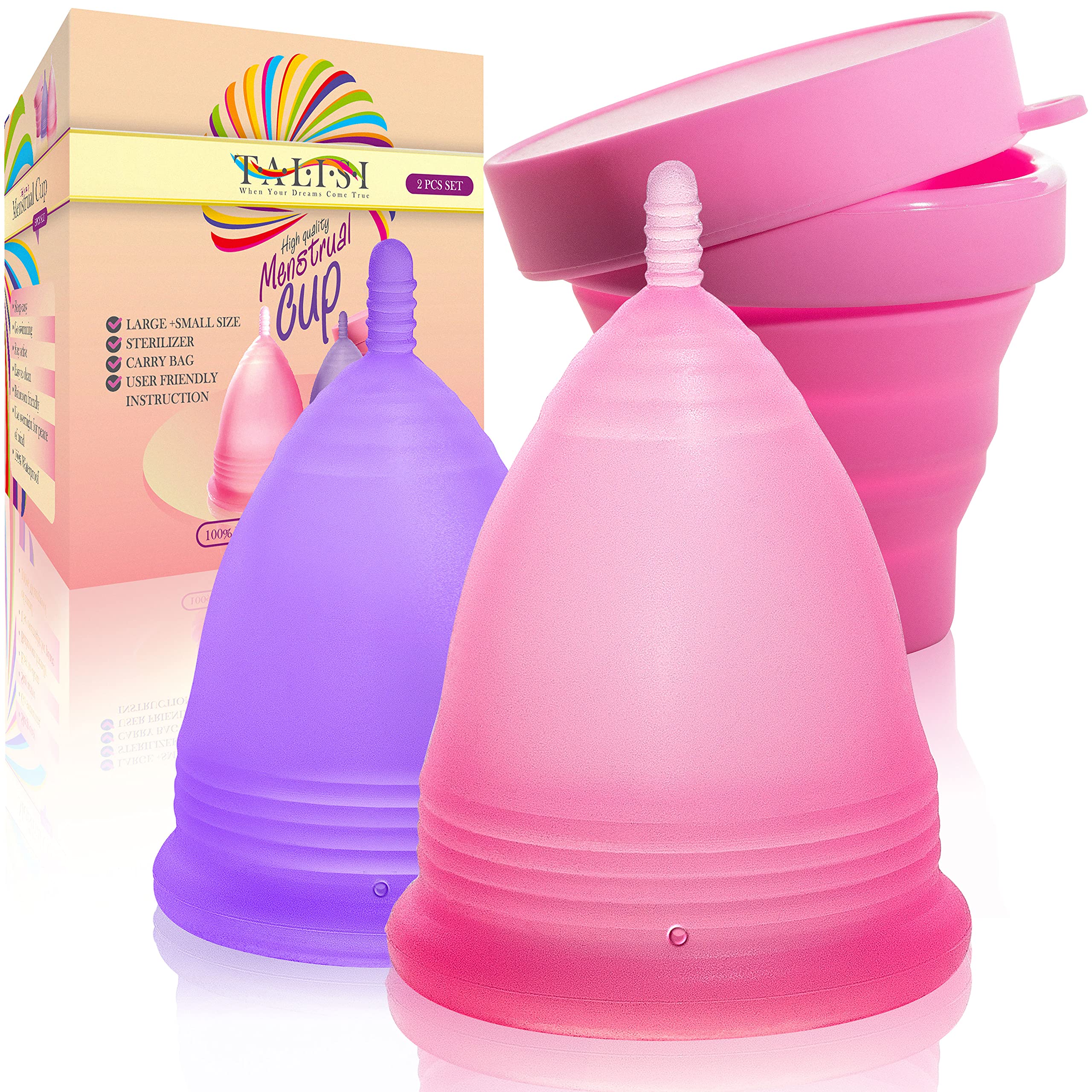Talisi Menstrual Cups Set of 2 (Small & Large) - Soft Reusable Period Cup Kit with Collapsible Silicone Sterilizer Case & Storage Bag | Leak-Proof Menstruation Cup for Teens, Beginners & Heavy Flow | Perfect for Travel, Gym & Active Lifestyle