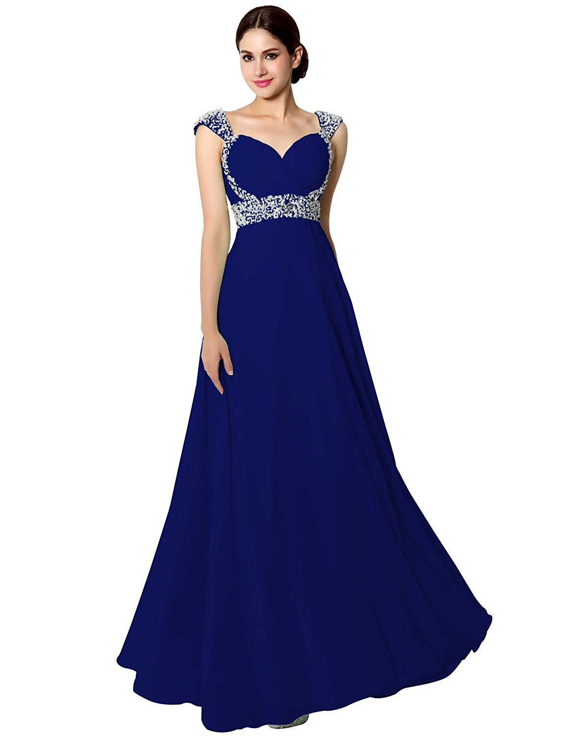 Sarahbridal Women's Chiffon Long Prom Dress with Beaded Sequin Details - Elegant Cap Sleeve Bridesmaid Gowns for Weddings, Parties & Special Occasions