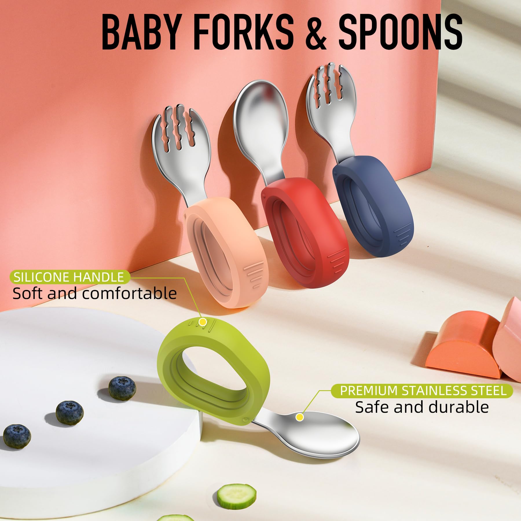 Stainless Steel Toddler Utensil Set - 4-Piece Baby Forks & Spoons for Self Feeding | BPA-Free, Dishwasher Safe | Perfect for Toddler Mealtime & Learning Independence (Red & Blue)