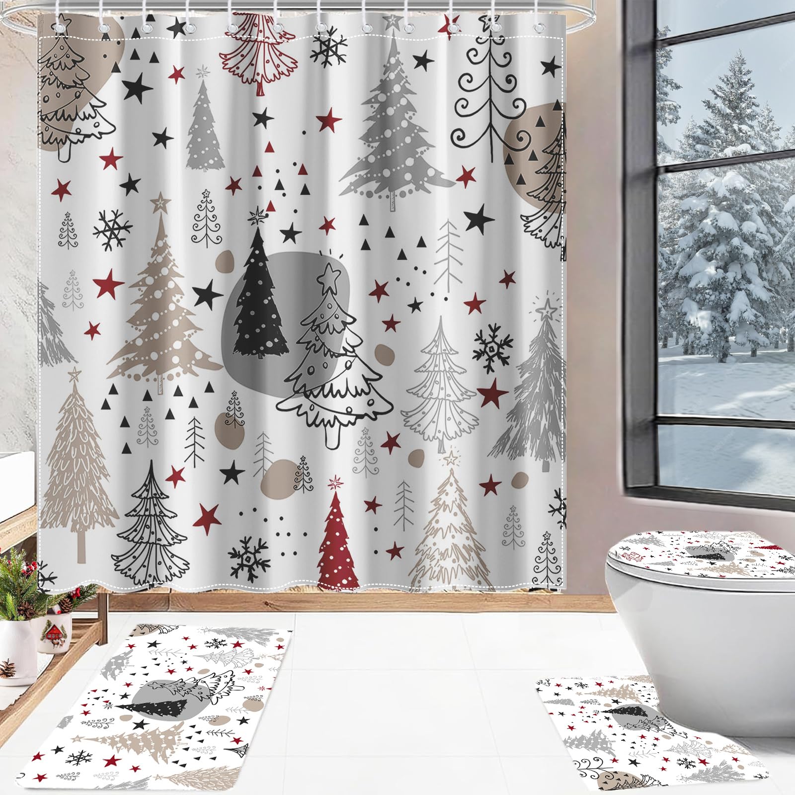Christmas Shower Curtain Set 4pcs - Winter Pine Tree Bathroom Decor with Shower Curtain, Rugs & Toilet Lid Cover - Xmas Holiday Bath Set Includes 12 Hooks (Black, 71x71 Inches) for Festive Bathroom Decorations