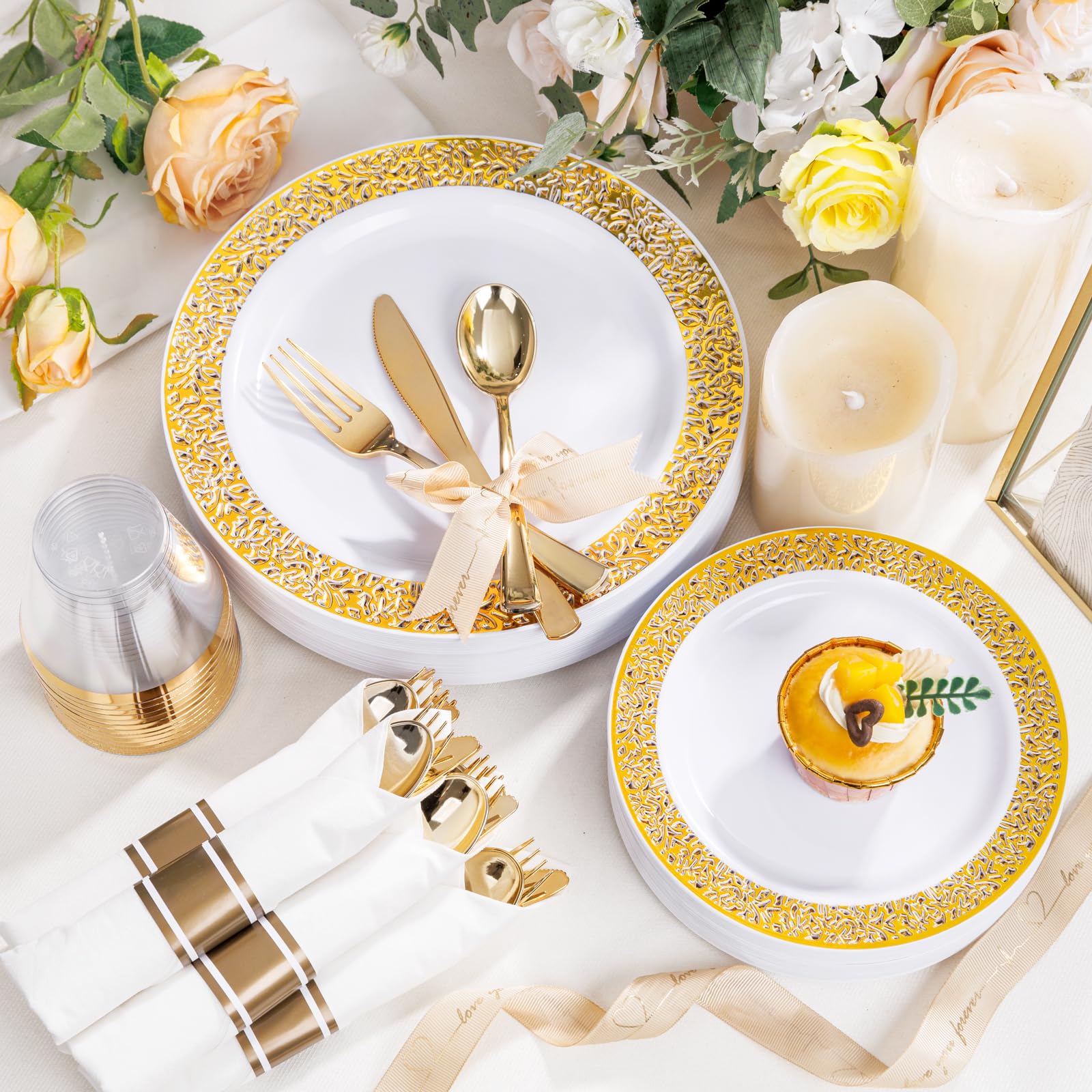 WELLIFE 350-Piece Gold Plastic Dinnerware Set - 50 Dinner Plates, 50 Dessert Plates, 50 Pre-Rolled Napkins with Silverware & 50 Cups - Elegant Disposable Tableware for Wedding, Birthday Party, Baby Shower & Holiday Celebrations
