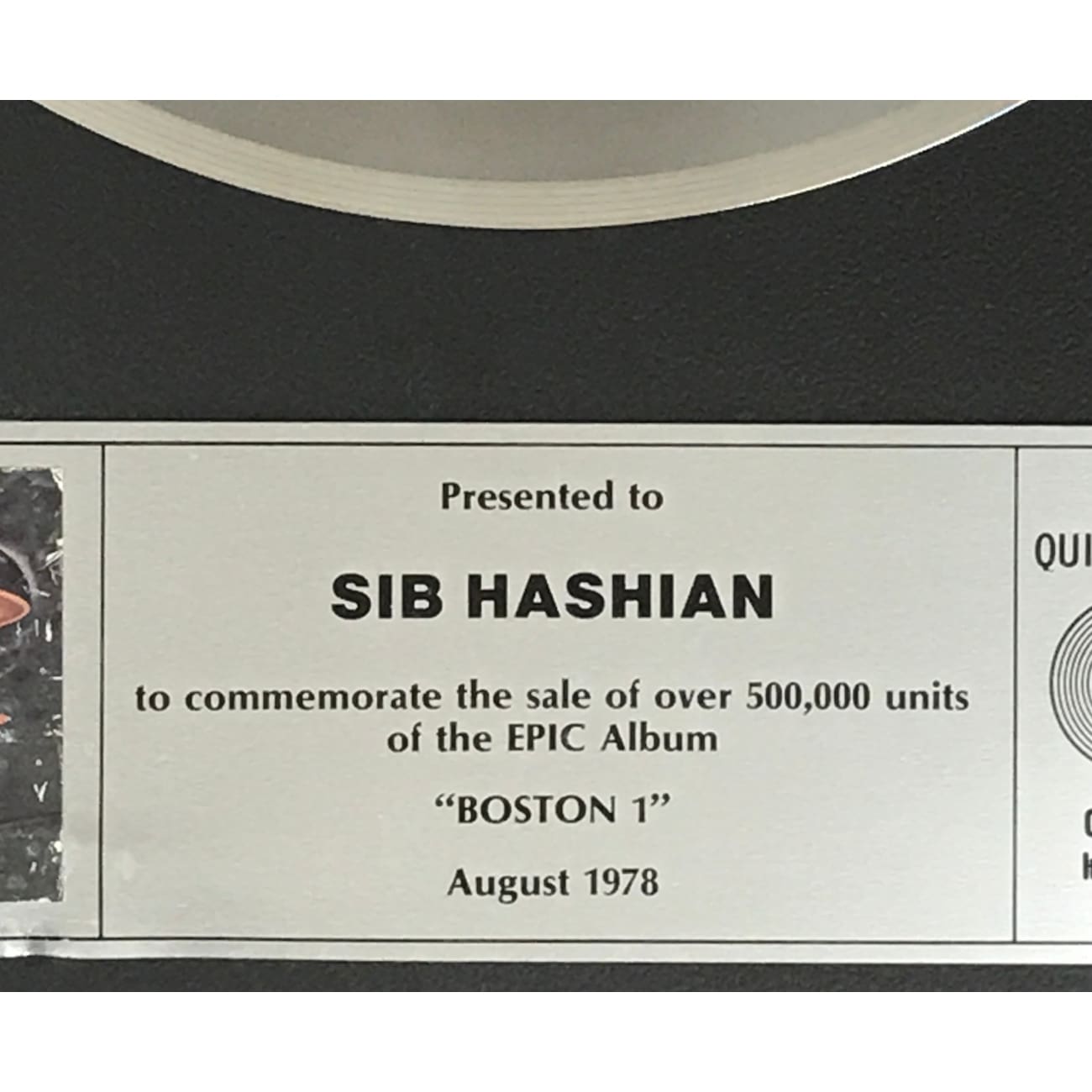 Rare Boston Debut CRIA 5x Platinum Album Award Presented to Drummer Sib Hashian - Perfect for Music Memorabilia Collectors & Rock History Displays