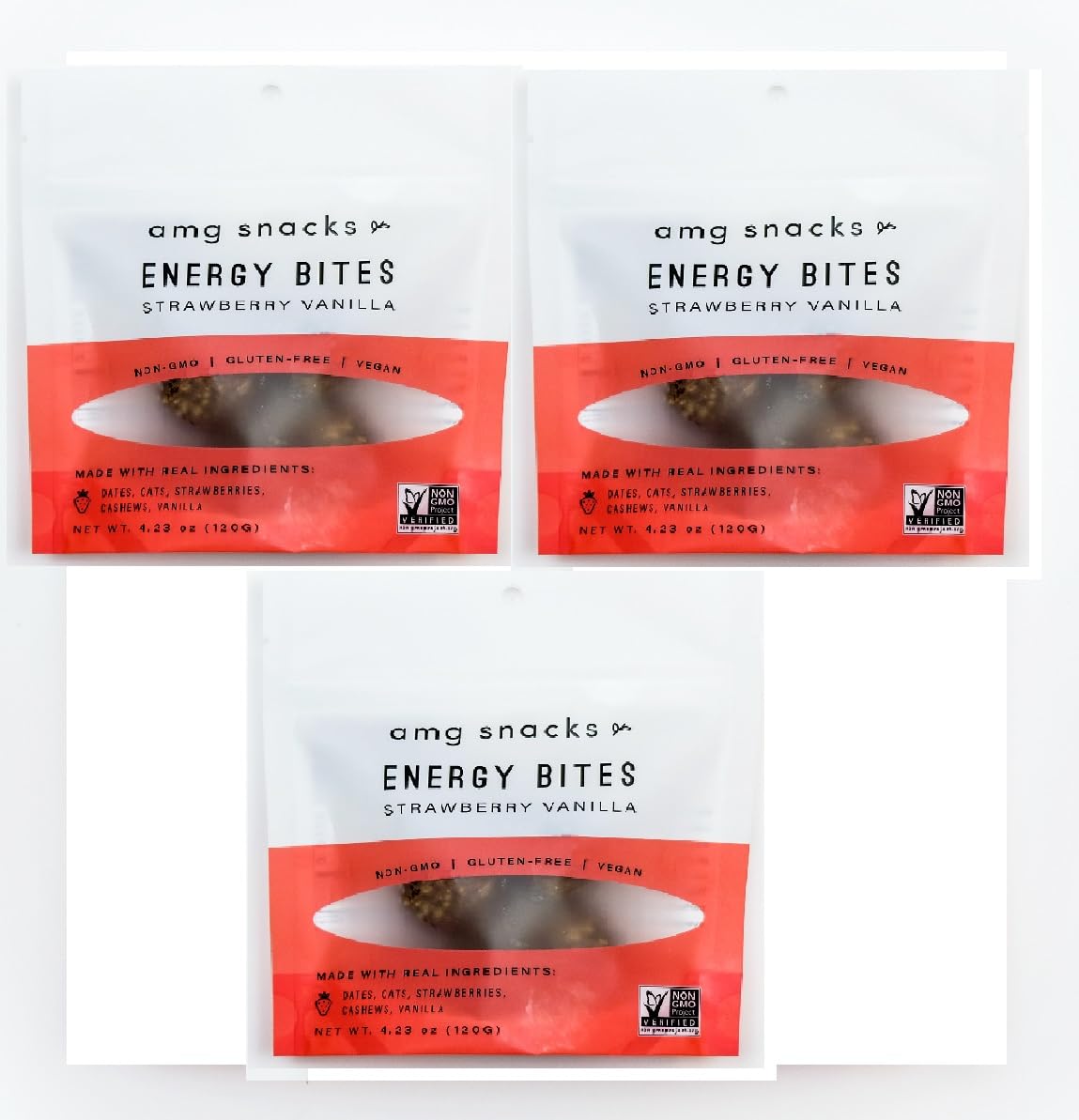 AMG Snacks Strawberry Vanilla Energy Bites - 4.3 oz, Pack of 3 (18 Bites Total) | Healthy Date & Nut Protein Snack Bars | Non-GMO, Gluten Free, Vegan, All Natural Ingredients | Perfect for Hiking, Workouts & On-the-Go Snacking