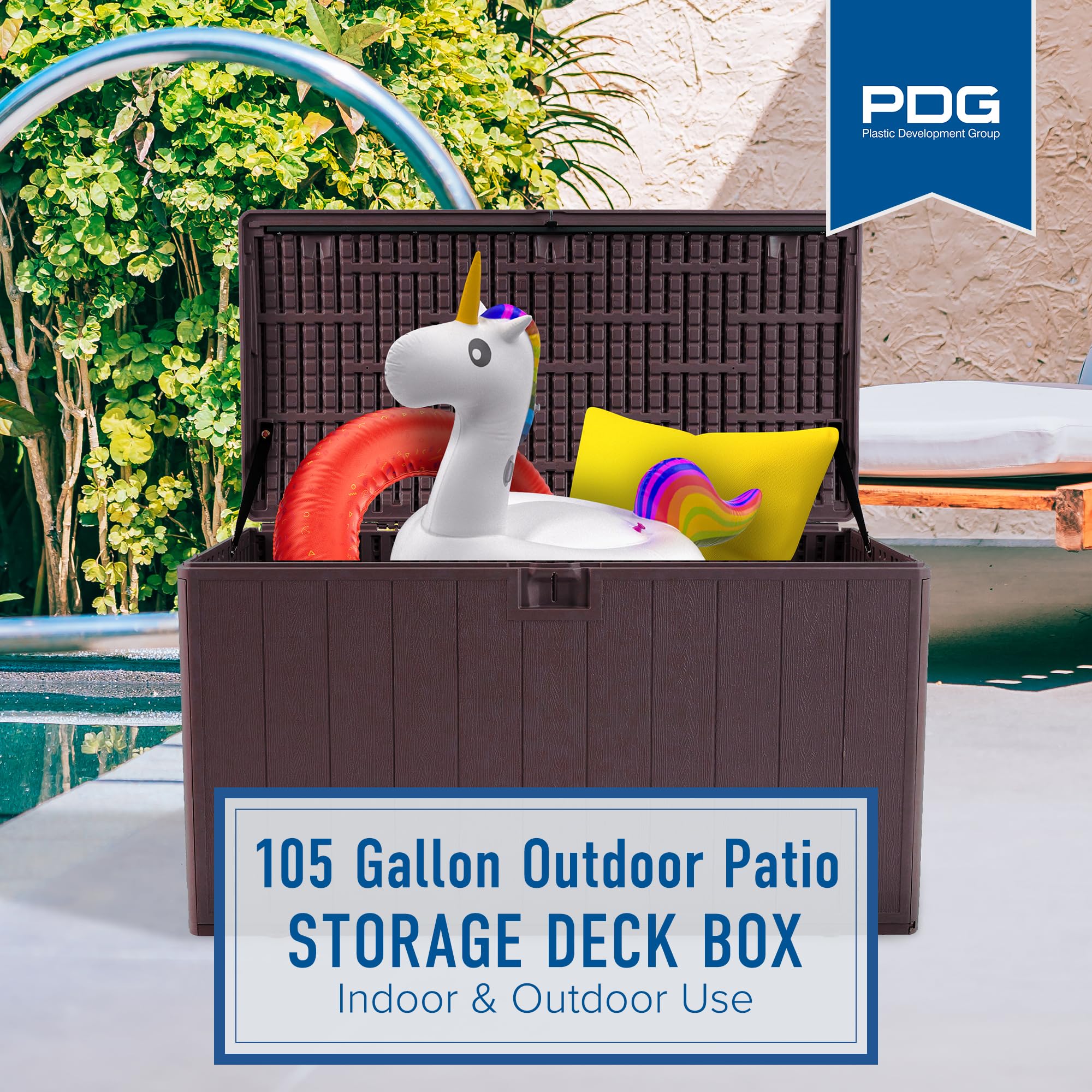 105 Gallon Outdoor Storage Deck Box with Standard Closure - Durable Plastic Deck Box for Patio, Garden & Backyard Organization - Java Brown Weather-Resistant Deck Storage Container
