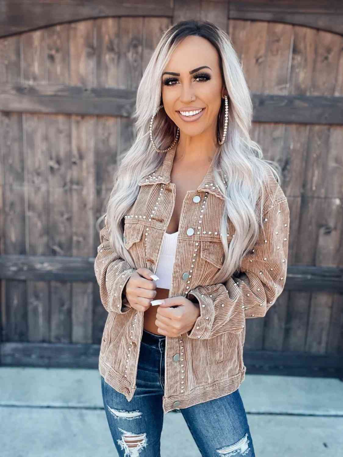 Stylish Studded Collar Button Down Jacket for Women - Trendy Punk Rock Fashion Outerwear for Casual Outings & Nightlife