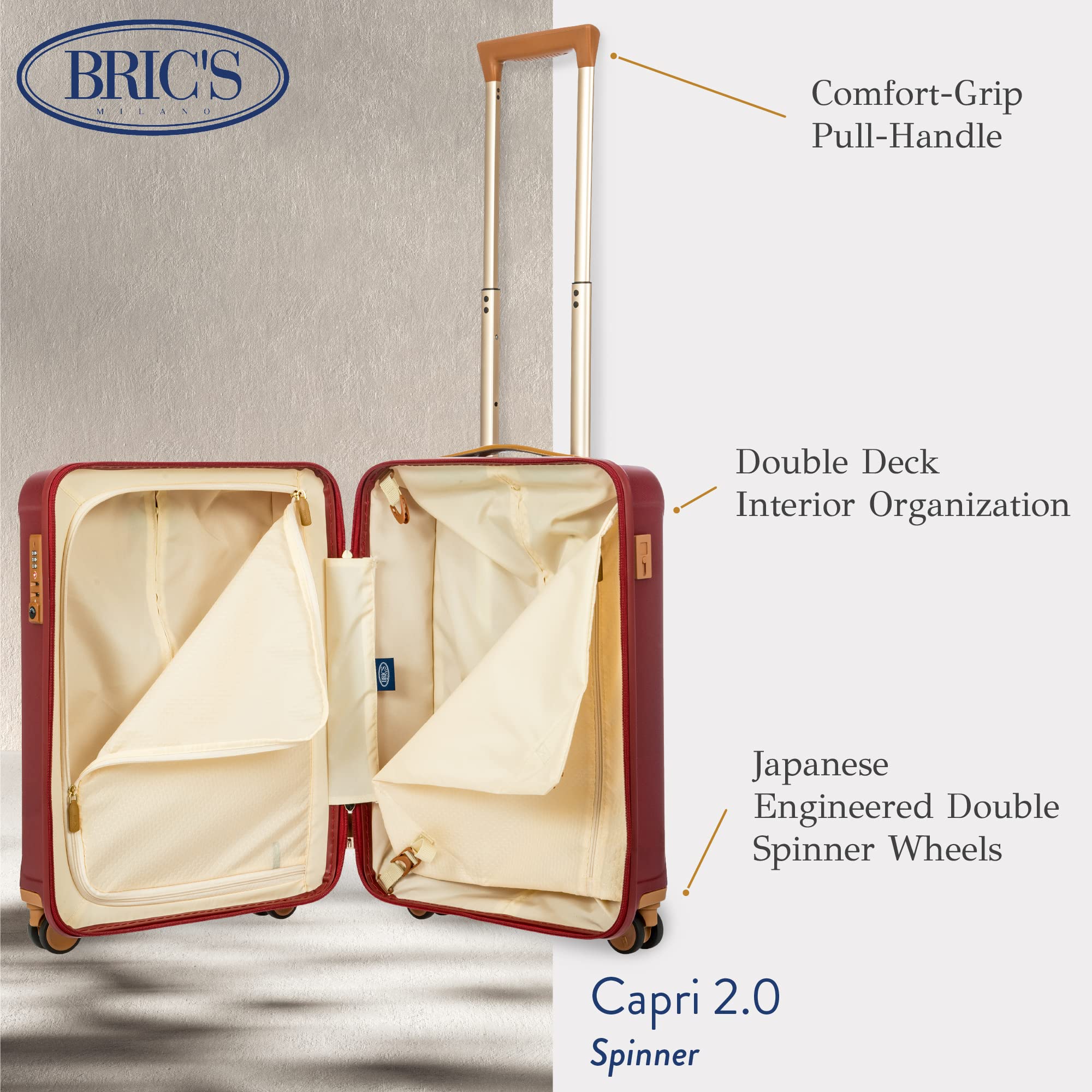 Bric's Capri 2.0 21-Inch Spinner Carry On Luggage - Lightweight Polycarbonate Suitcase with 360° Spinner Wheels - Durable Luxury Travel Bag for Business Trips & Weekend Getaways (Bordeaux)