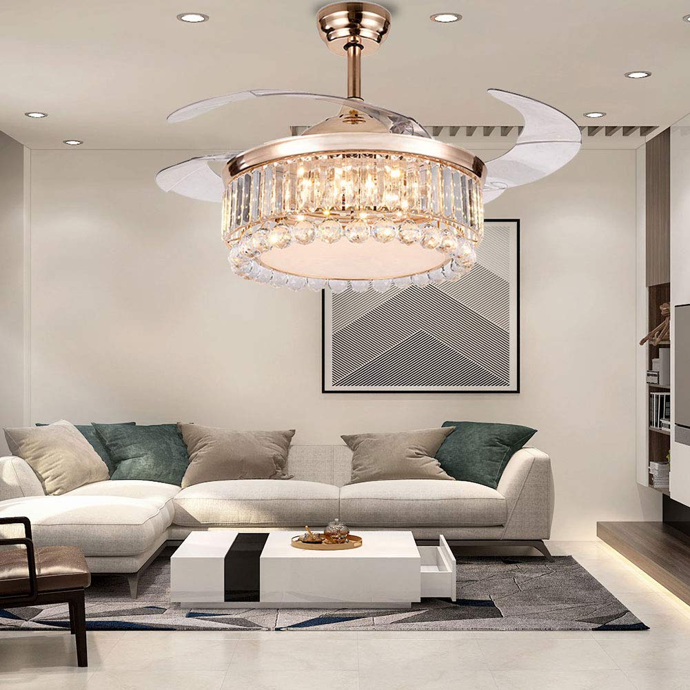 42 Inch Crystal Ceiling Fan with LED Lights & Remote Control - Retractable Blades, 3 Color Temperatures, 3 Speed Settings - Modern Chandelier Fan for Living Room, Bedroom, Kitchen & Restaurant | Energy Efficient Cooling & Stylish Lighting Solution