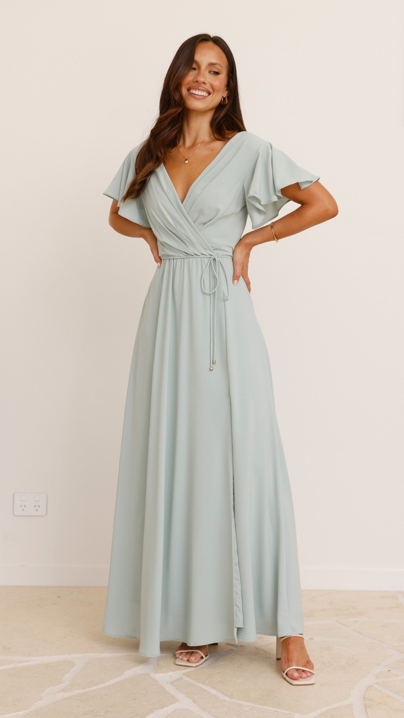 Charlize Women's Maxi Dress - Flowy Long Boho Dress with V-Neck & Side Slits in Sage Green - Perfect for Beach, Vacation & Summer Outfits