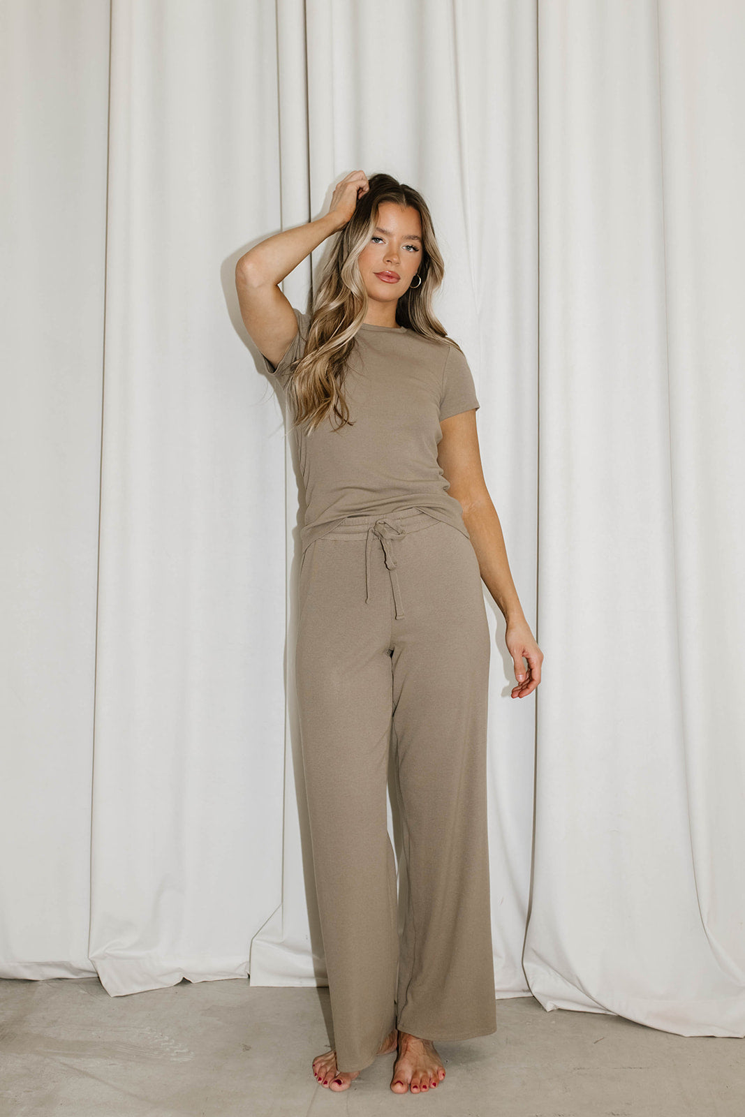 The Muse Knit Ribbed Short Sleeve Top & Pants Set - Women's Casual Lounge Outfit in Mocha Brown | Soft Stretchy Comfort Wear for Yoga, Travel & Home Relaxation