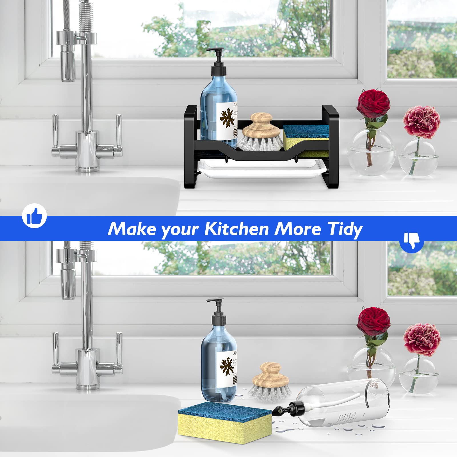 Stainless Steel Kitchen Sink Caddy Organizer - Sponge & Soap Holder with Removable Drain Tray | Countertop Storage for Brushes, Dish Soap Dispenser | Perfect for Small Kitchen Organization & Sink Accessories Storage