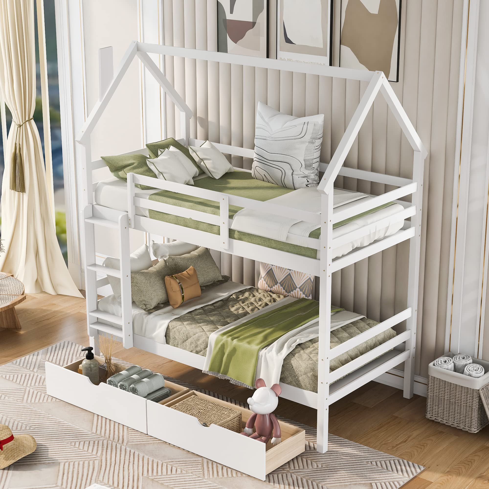Twin Over Twin Wooden Bunk Bed with 2 Drawers & Chimney Design - Convertible to 2 Separate Beds for Kids, Teens & Toddlers - No Box Spring Required (White) | Perfect for Kids' Bedrooms, Guest Rooms & Space-Saving Home Solutions