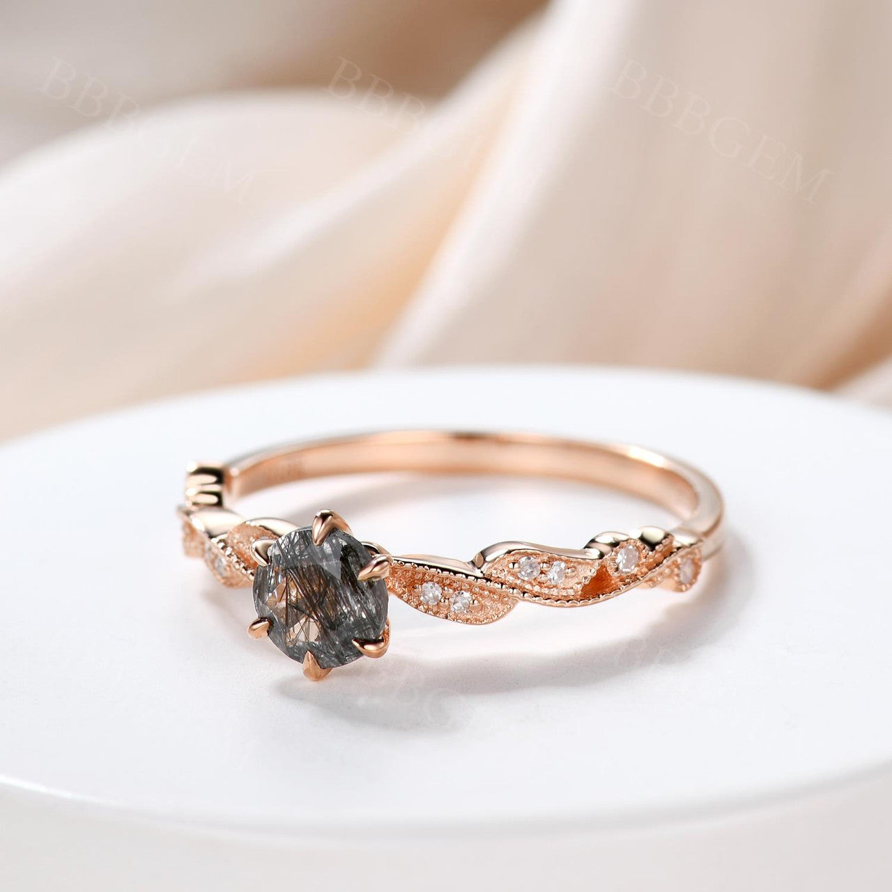 14K/18K Gold Unique Milgrain Black Rutilated Quartz Engagement Ring - Bezel Set Solitaire Ring for Women, Vintage Style Wedding Band, Perfect Proposal Gift for Her (Occasions: Engagement, Anniversary, Valentine's Day)