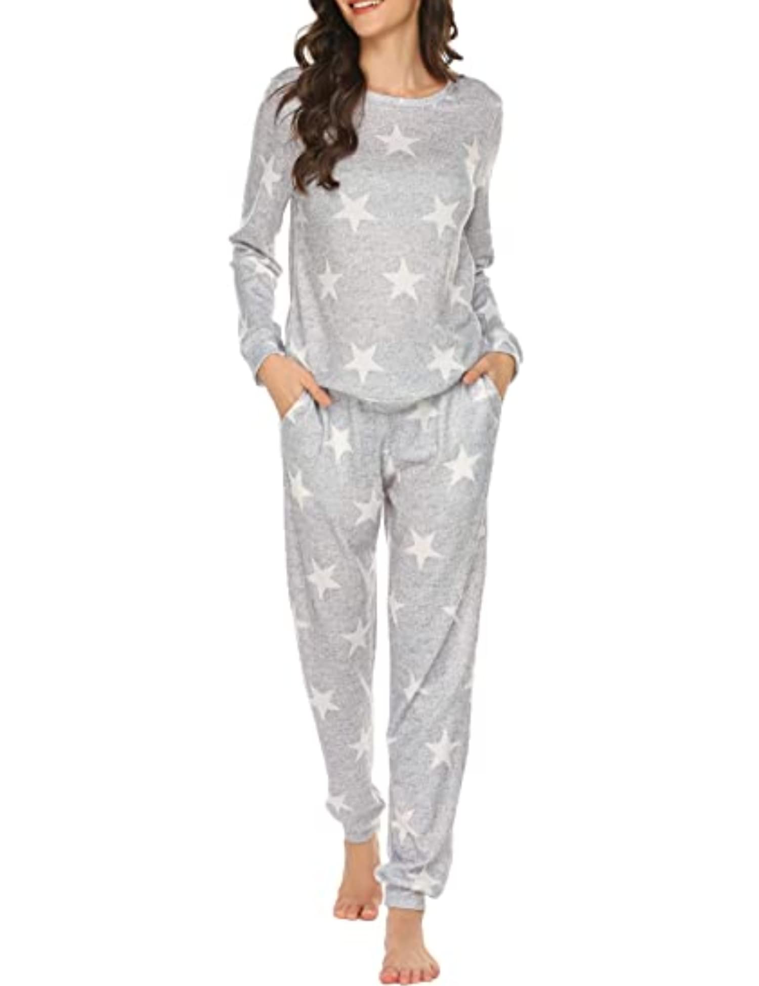 Ekouaer Women's Long Sleeve Jogger Pajama Set - Soft Round Neck Sleepwear with Pockets, Cozy Lounge PJS for Nighttime & Relaxation at Home