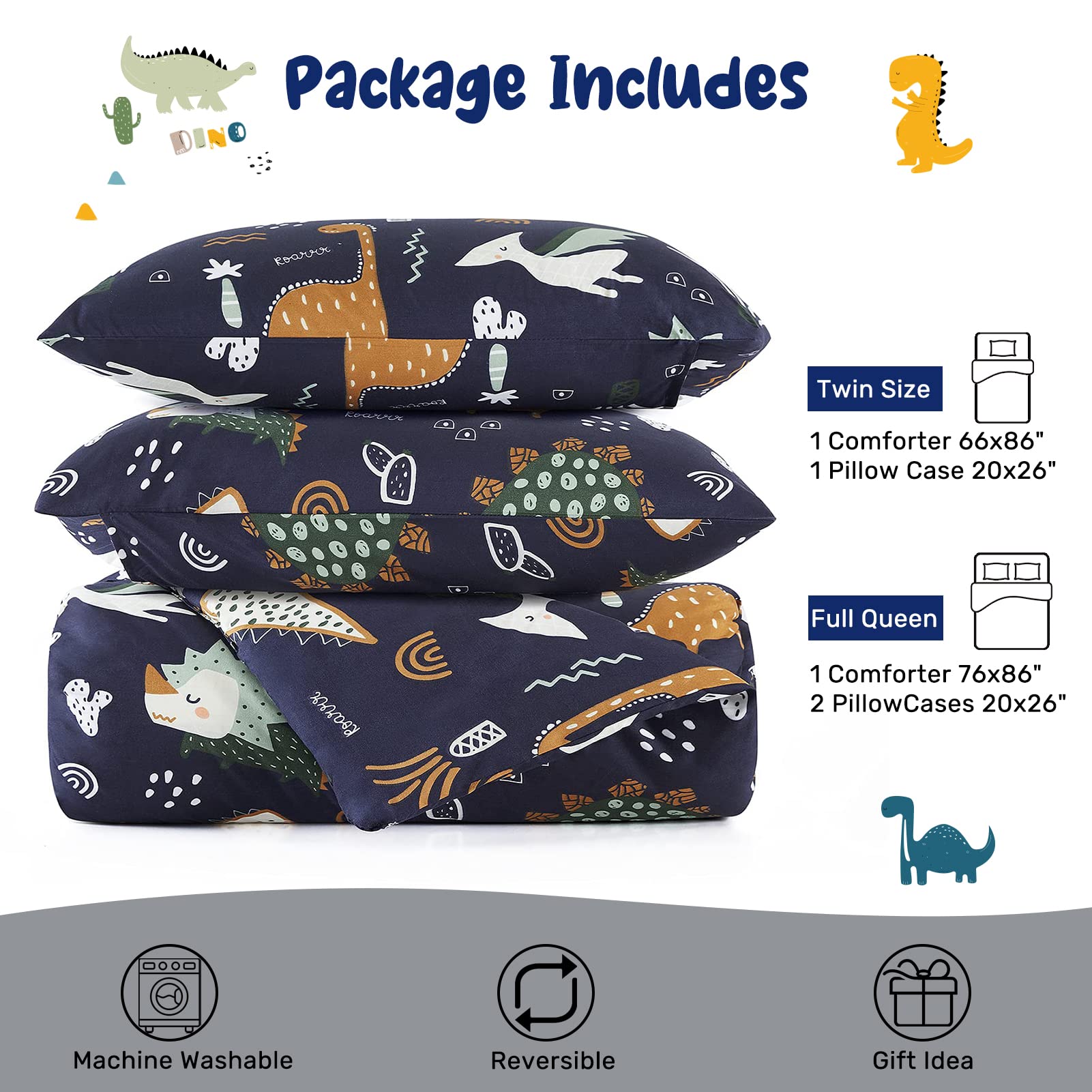 HollyHOME 2-Piece Twin Size Dinosaur Comforter Set for Boys - Soft & Cozy Bedding (66