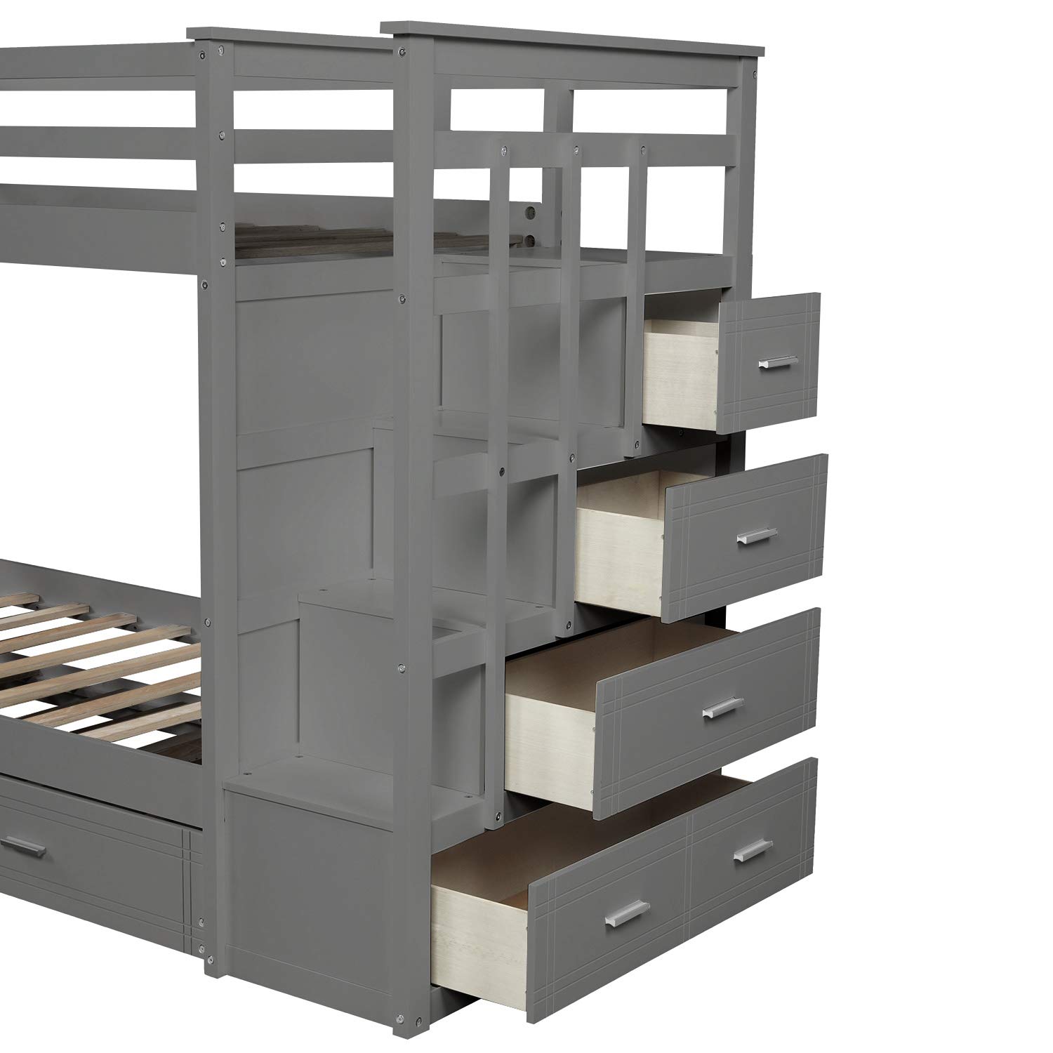 Kids Twin Over Twin Bunk Bed with Trundle - Solid Wood Bunk Bed Frame with Staircase, 4 Storage Drawers & Safety Guardrails - No Box Spring Needed (Gray) - Perfect for Small Bedrooms, Guest Rooms & Kids' Shared Spaces