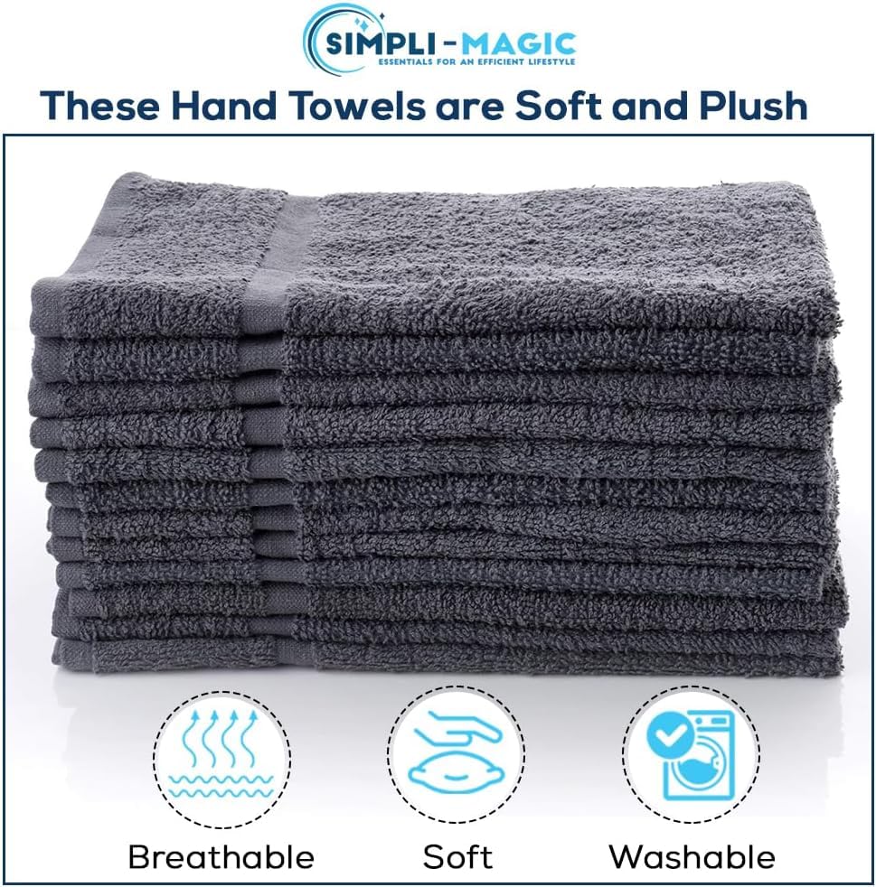 Simpli-Magic Premium Cotton Hand Towels - Soft & Absorbent, 12-Pack (Gray) - Perfect for Kitchen, Bathroom & Guest Use