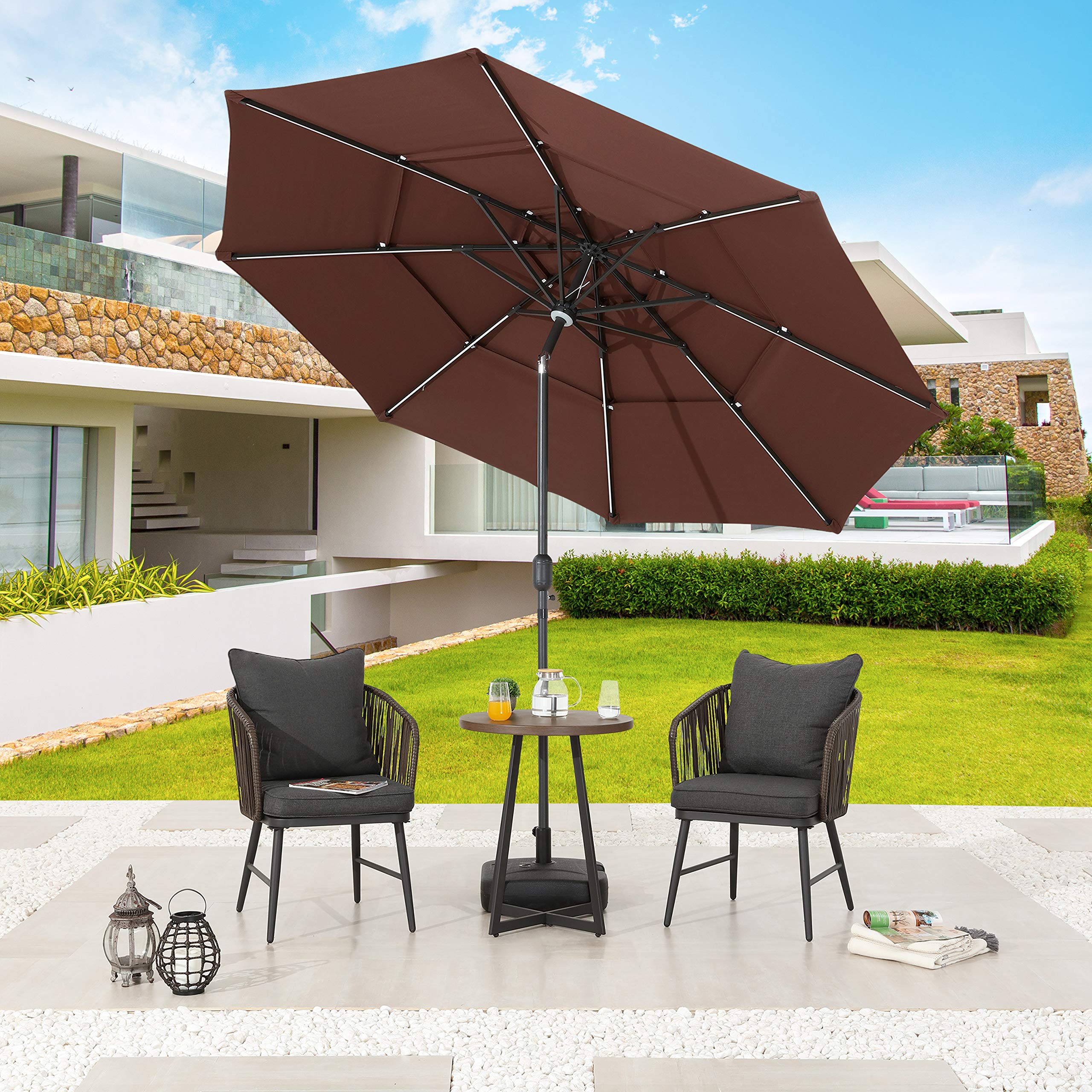 LOKATSE HOME 9.5 Foot Solar Powered LED Patio Umbrella with 3-Tier Design, Tilt Adjustment & Crank Handle - 8 Aluminum Ribs & Metal Pole for Outdoor Garden, Deck, Poolside & Market Use - Perfect for Backyard, Patio Furniture and Coffee Shop Outdoor Seating