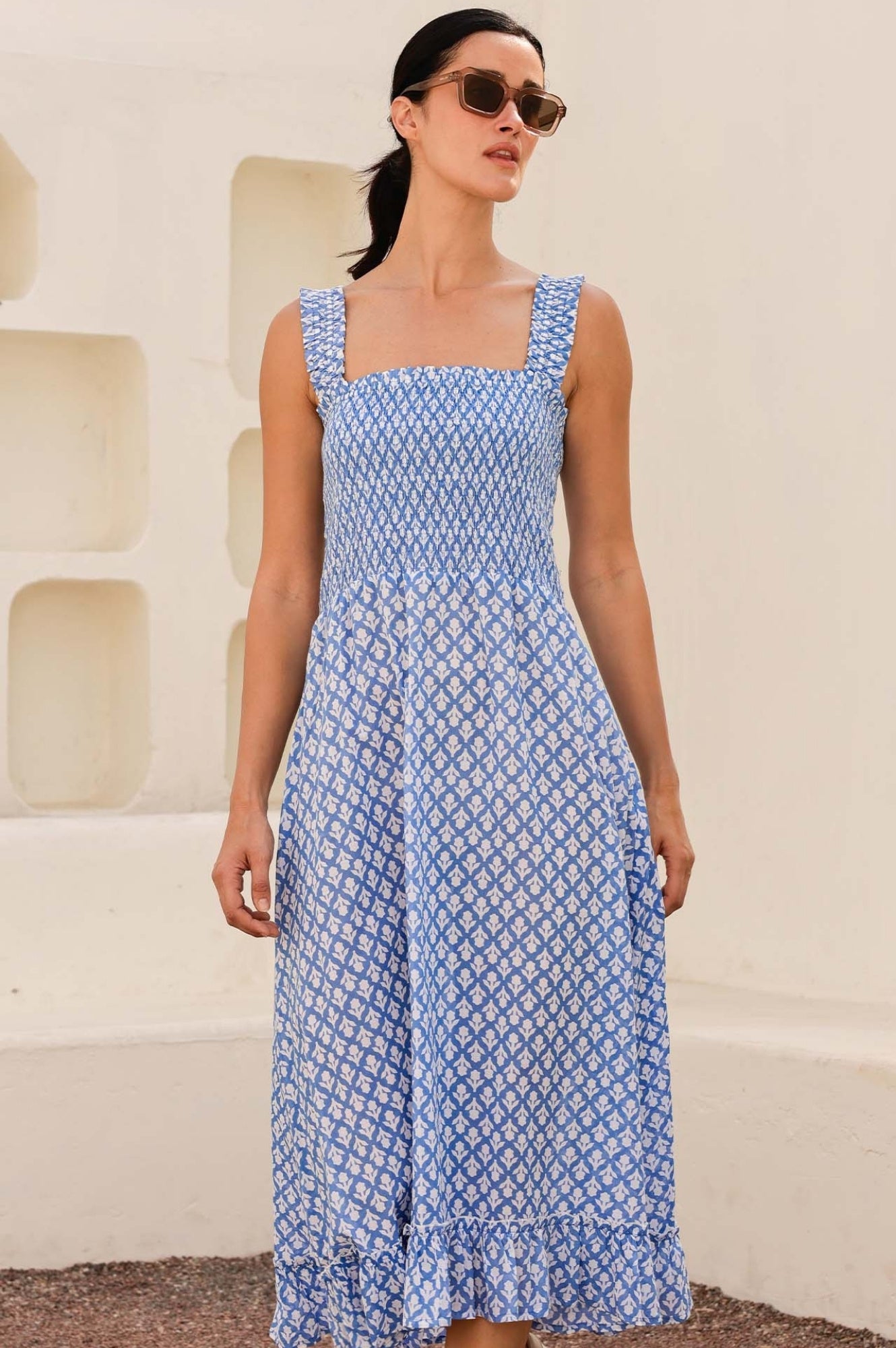 Rhianna Organic Cotton Dress with Floral Print - Cornflower Blue & White | Summer Casual Wear, Beach Outfit, Boho Style Fashion