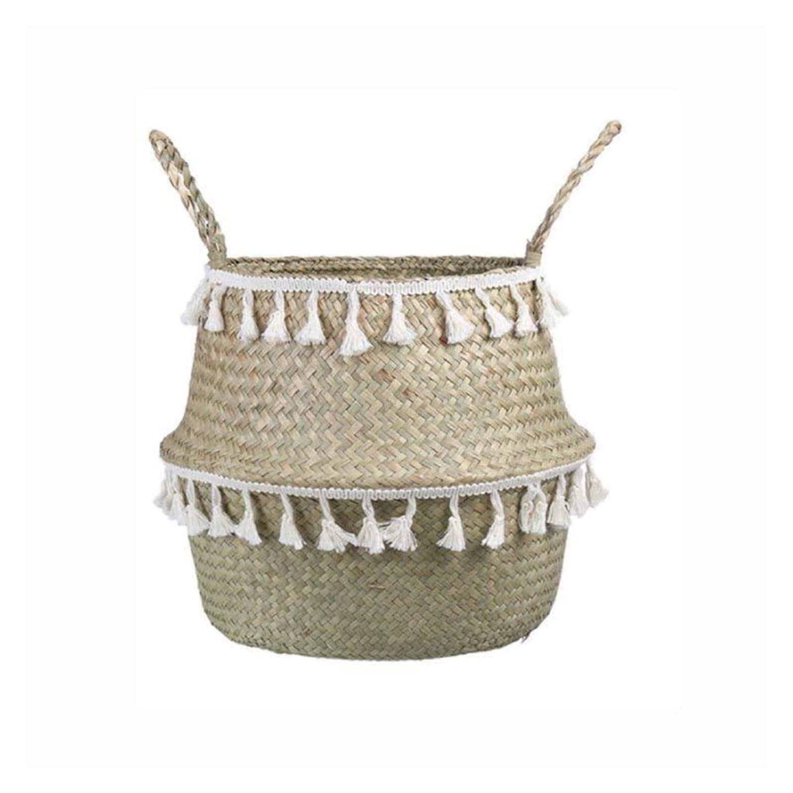 Handmade Seagrass Storage Basket - Natural Wicker Laundry Hamper with Tassel (22cm x 17cm x 20cm) | Perfect for Bathroom, Bedroom & Nursery Organization