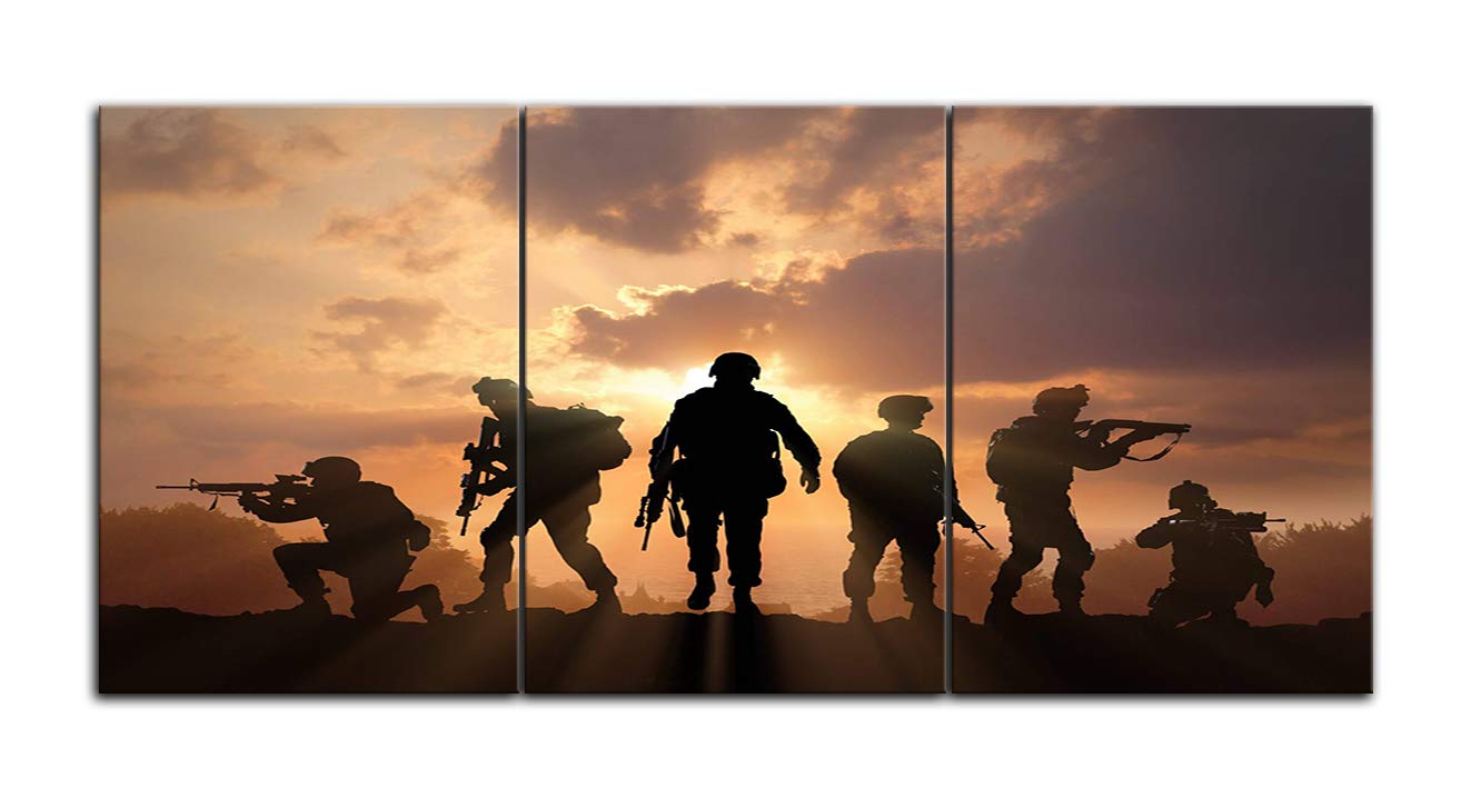 American Soldier Wall Art - Military Army Troops Silhouette Canvas Prints - Modern Home & Office Decor - 3 Panel Framed Ready to Hang - Perfect for Living Room, Bedroom, or Man Cave