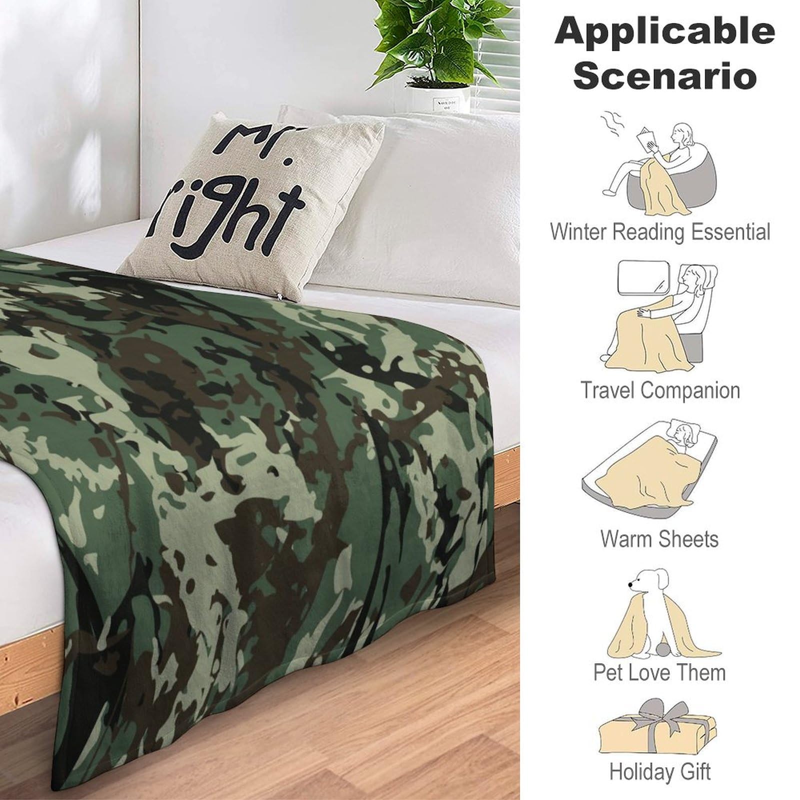 All Season Soft Flannel Travel Blanket for Dorm, Office & Home - Cozy Nap Blanket with Cool Green Camo Army Camouflage Design | Perfect for Sofa, Bed, Travel & Outdoor Adventures