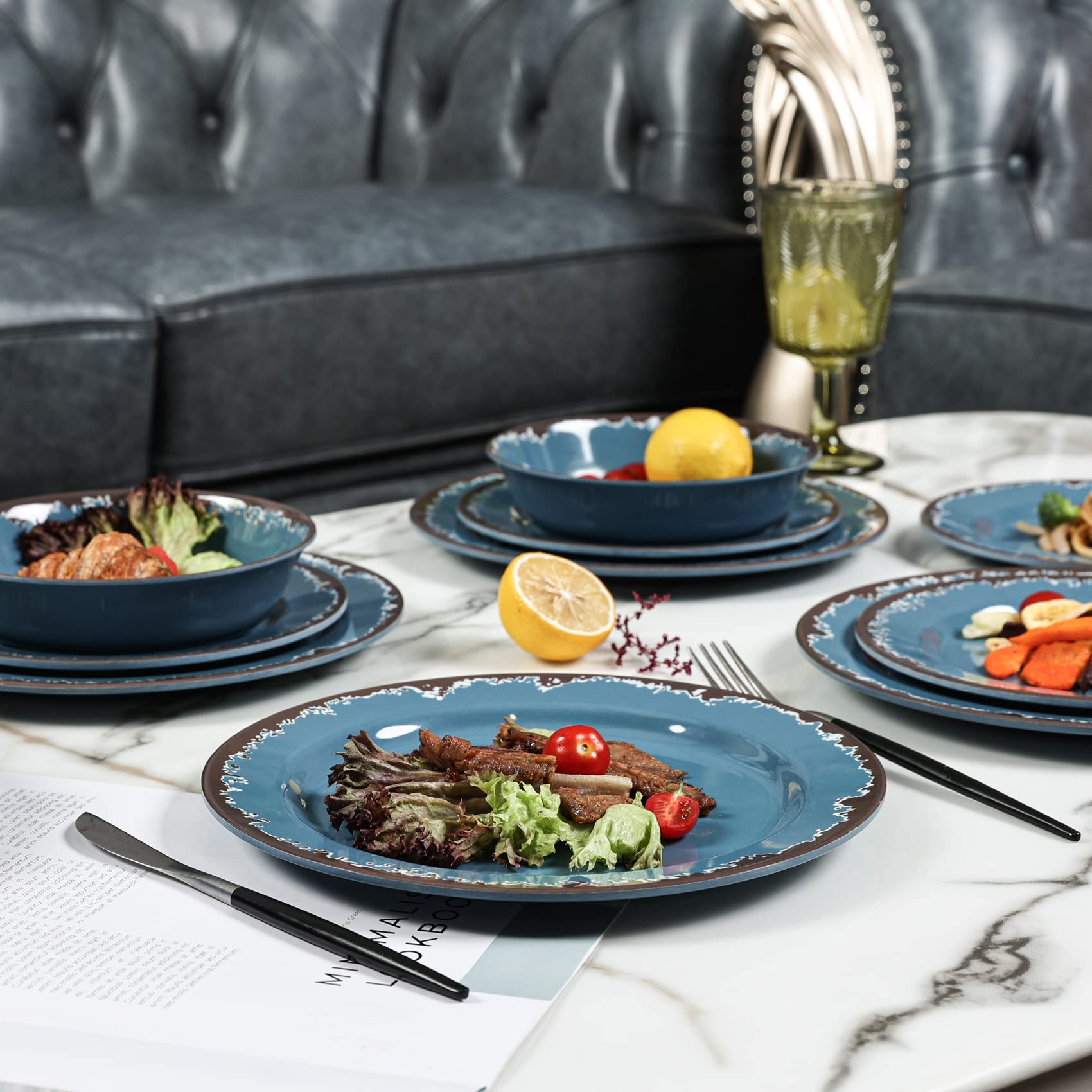 **Yinshine 12-Piece Melamine Dinnerware Set – Durable, Unbreakable Plates & Bowls in Blue – Lightweight for Outdoor Dining, Picnics & Camping**