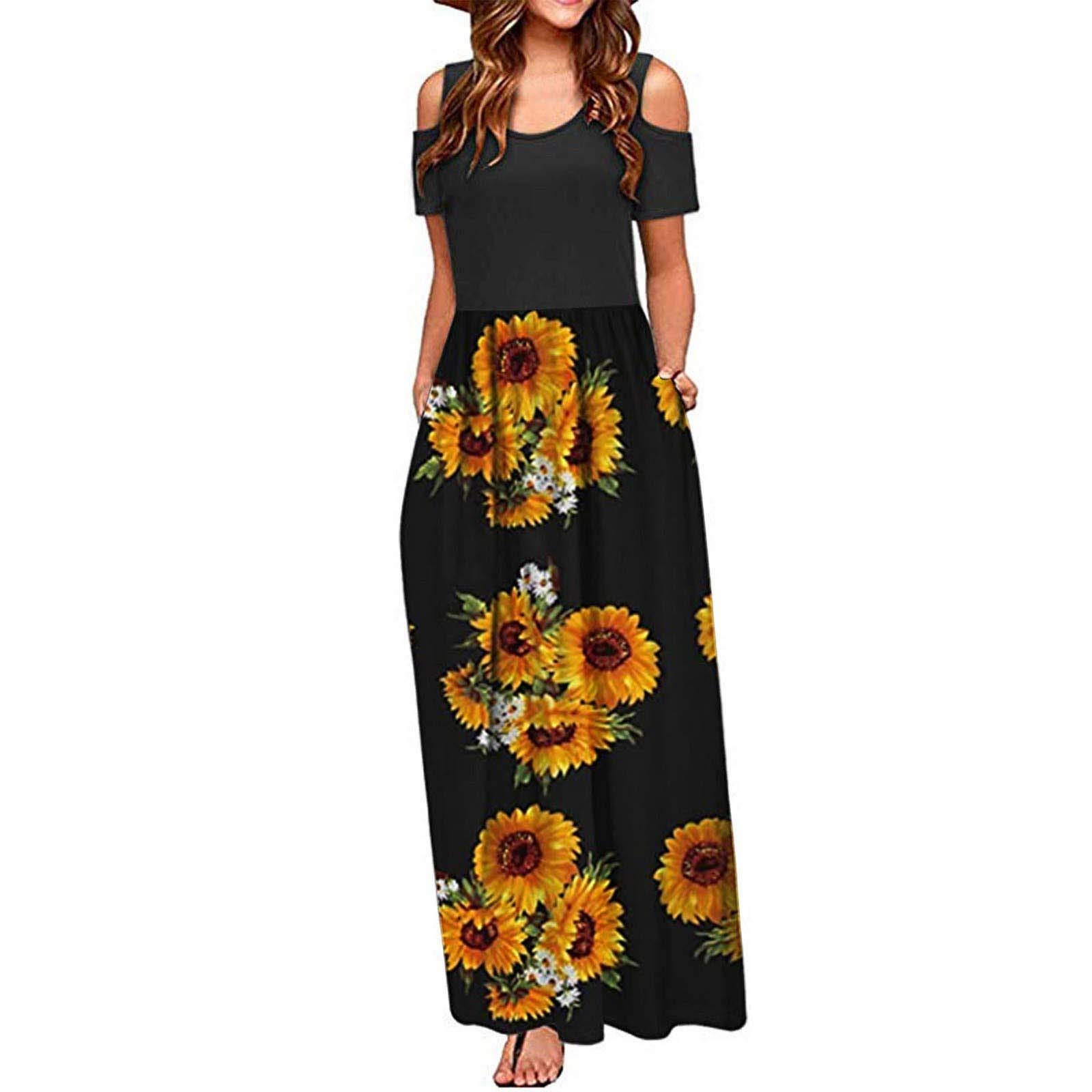Elegant Patchwork Maxi Dress for Women - Summer Floral Short Sleeve Cold Shoulder Sundress | Perfect for Casual Wear, Beach Outings & Office Work