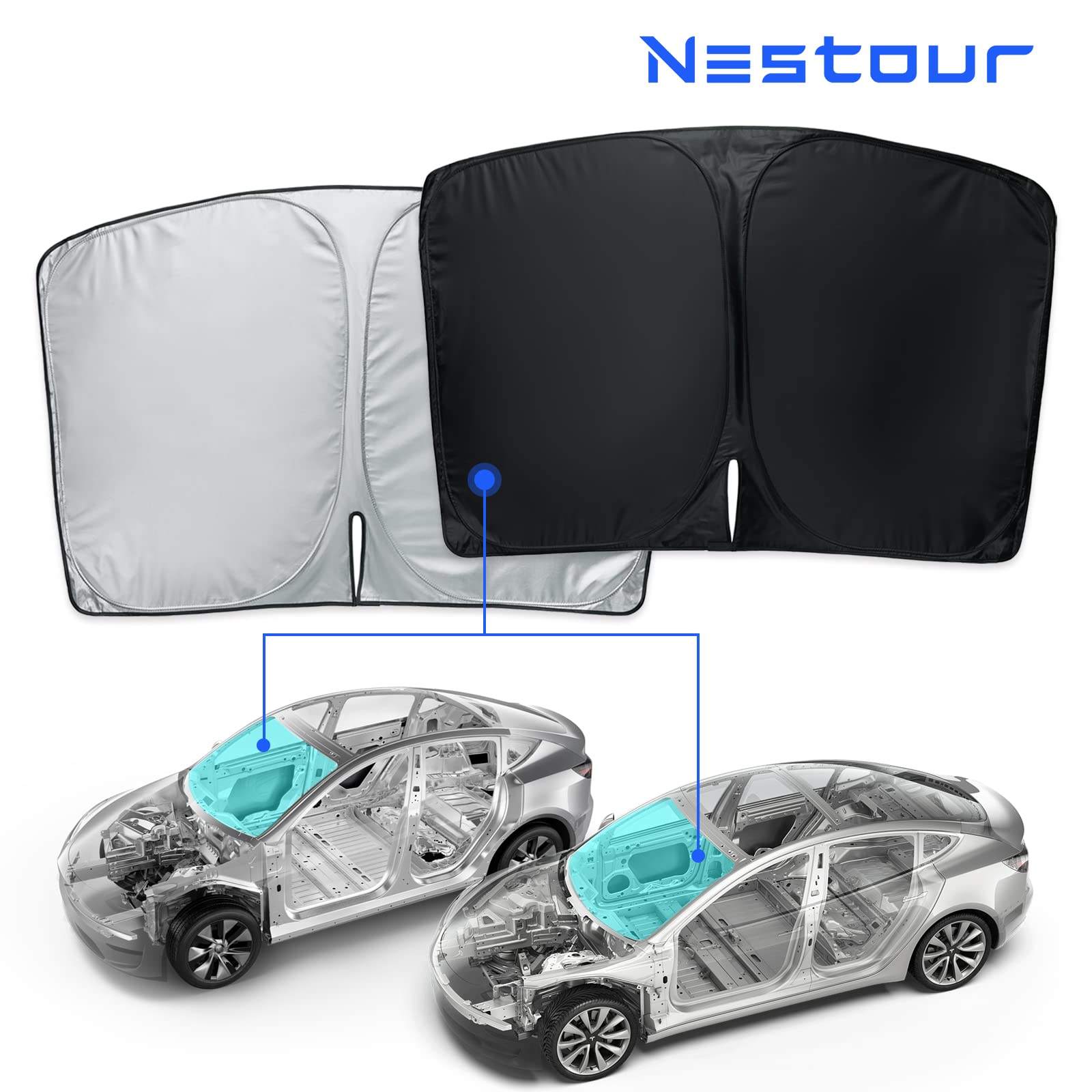 Premium Nestour Windshield Sunshade with Ambient LED Lights for Tesla Model 3/Y (2021-2022) - UV Protection & Interior Cooling Accessories for Road Trips & Summer Parking