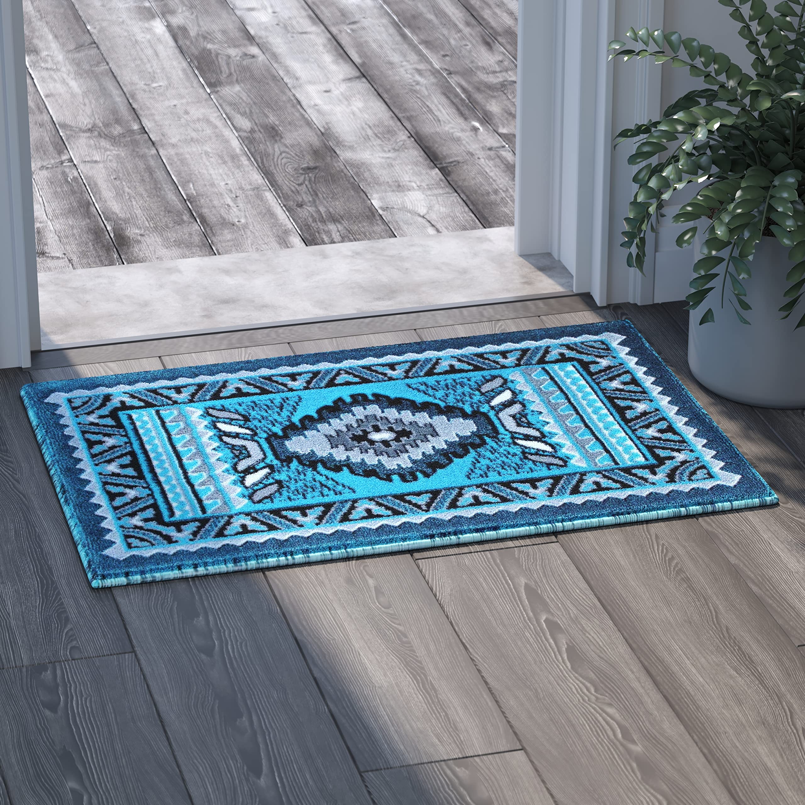 EMMA + OLIVER Olefin Accent Rug 2'x3' - Southwestern Geometric Pattern in Turquoise with Detailed Borders - Soft, Non-Shedding & Durable - Jute Backing - Perfect for Living Room, Bedroom or Entryway Decor