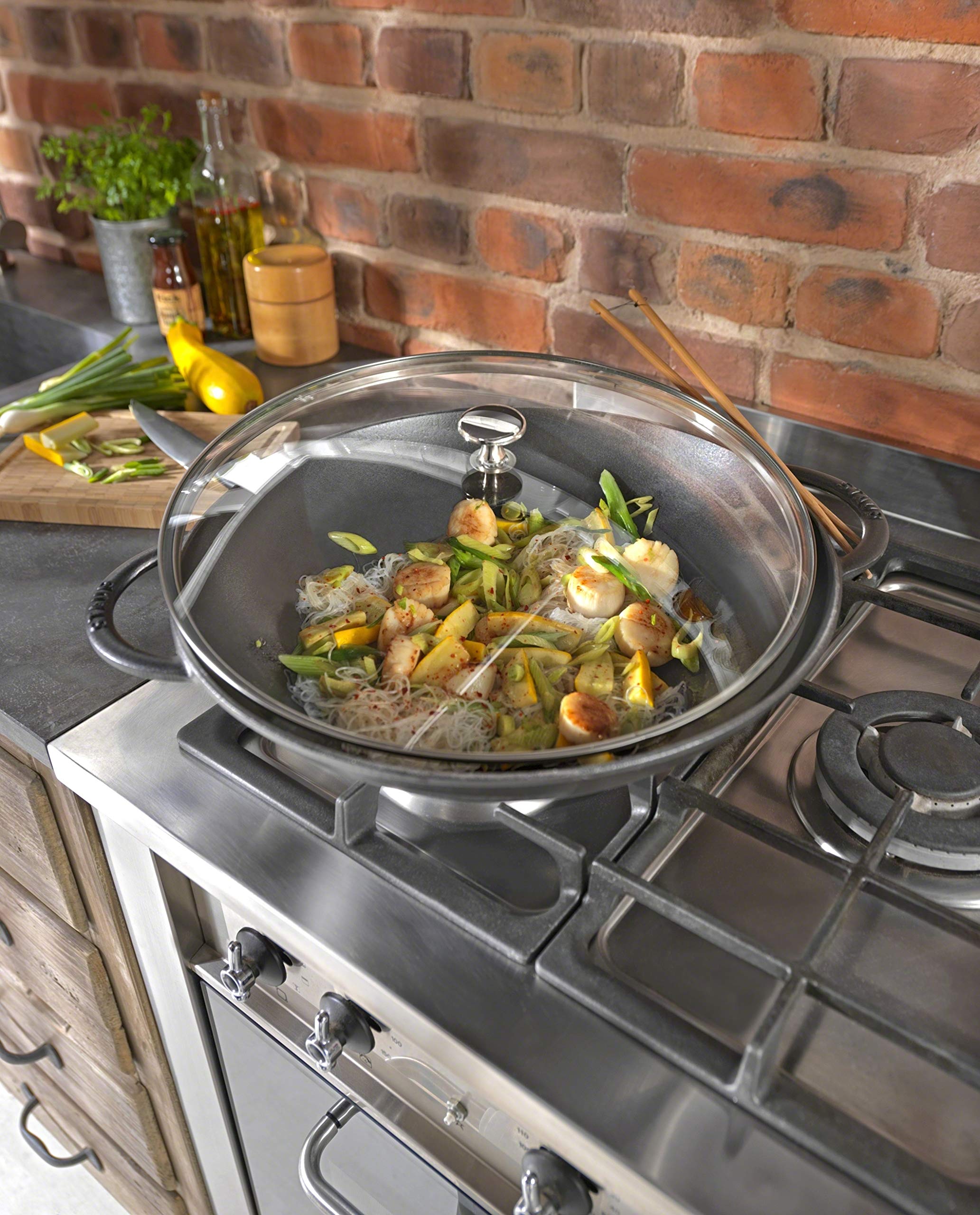 Staub 40509-336 14.6 Inch (37 cm) Gray Enameled Cast Iron Wok with Glass Lid - Induction Compatible Chinese Stir Fry Pan with Tempura Grill - Perfect for Asian Cooking, Stir Frying & Deep Frying at Home