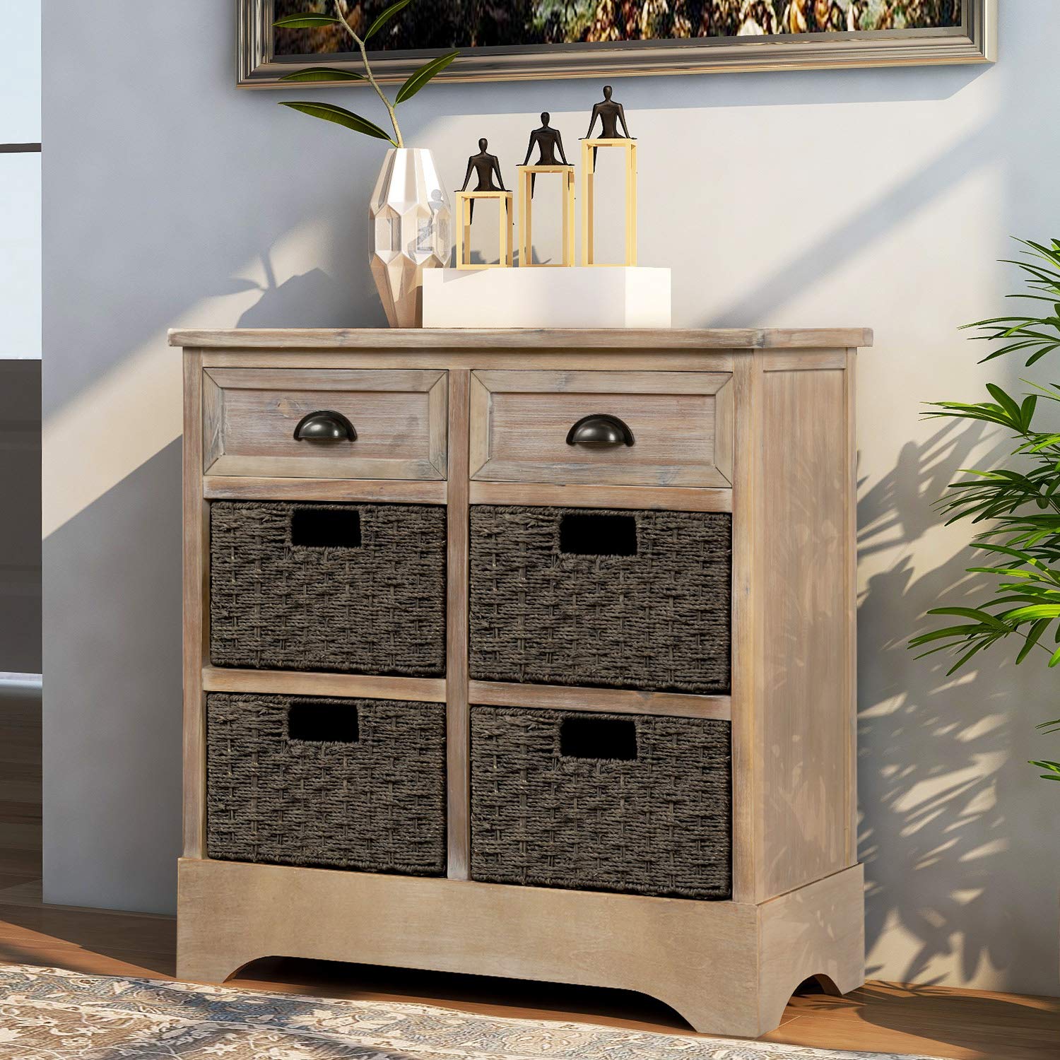 Gelsey Storage Cabinet with 2 Drawers & 4 Rattan Baskets - Entryway, Kitchen, Living Room Organizer (White)