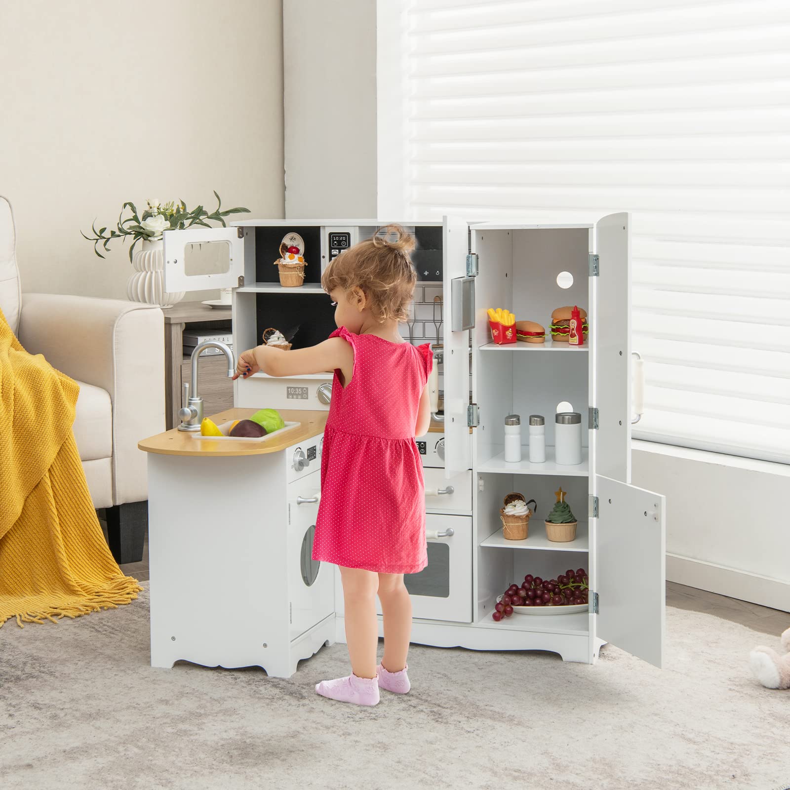 Costzon 11-in-1 Wooden Kids Kitchen Playset with Realistic Appliances - Pretend Play Toy Kitchen Set with Washing Machine, Microwave, Oven, Stove & Refrigerator for Toddlers Boys & Girls - Perfect for Role Play, Preschool Learning & Home Entertainment