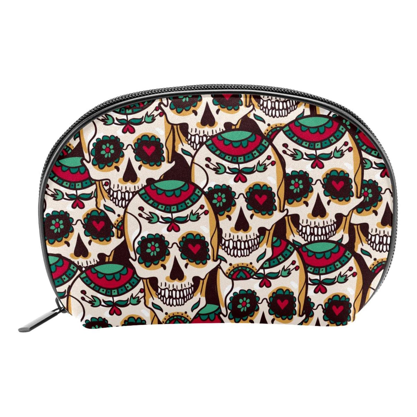 Vintage Skull Pattern Small Makeup Bag with Zipper - Portable Travel Cosmetic Pouch for Women & Girls - Half Moon Makeup Case for Daily Use, Travel & Gifts