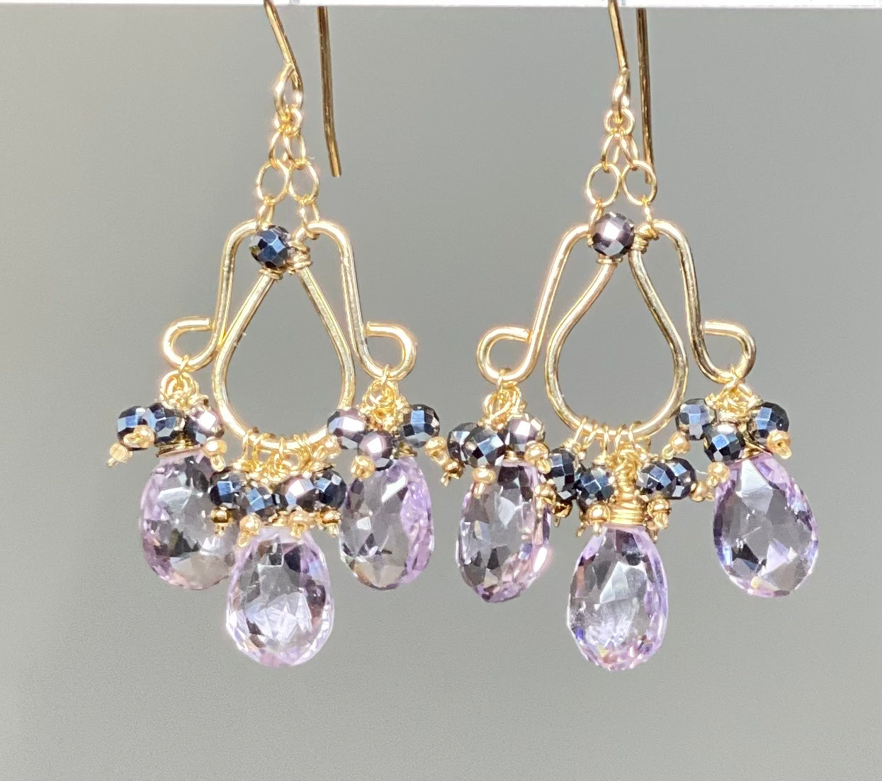 Pink Amethyst Chandelier Earrings - 14K Gold Filled Dangle Earrings with Black Crystal Clusters for Women, Gift for Her, Wedding, Party, Evening Wear