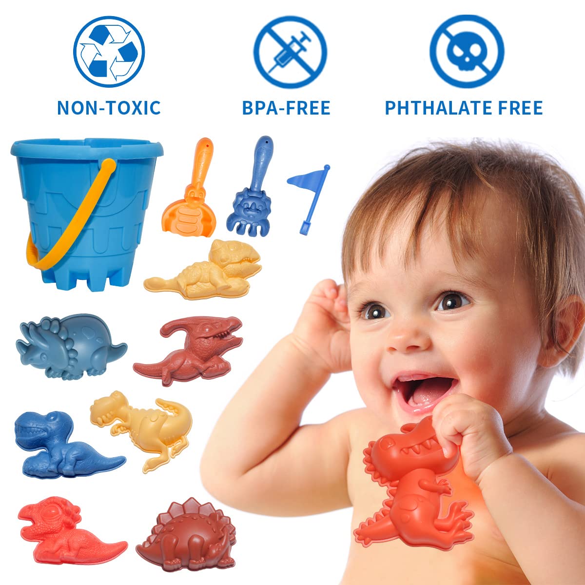 **Holady 21-Piece Kids Beach Sand Toys Set with Bucket, Shovel, Rakes, Flag & Dinosaur Molds - Outdoor Sandbox Toys for Boys & Girls Ages 3-10 - Perfect for Beach, Backyard & Sandcastle Fun**