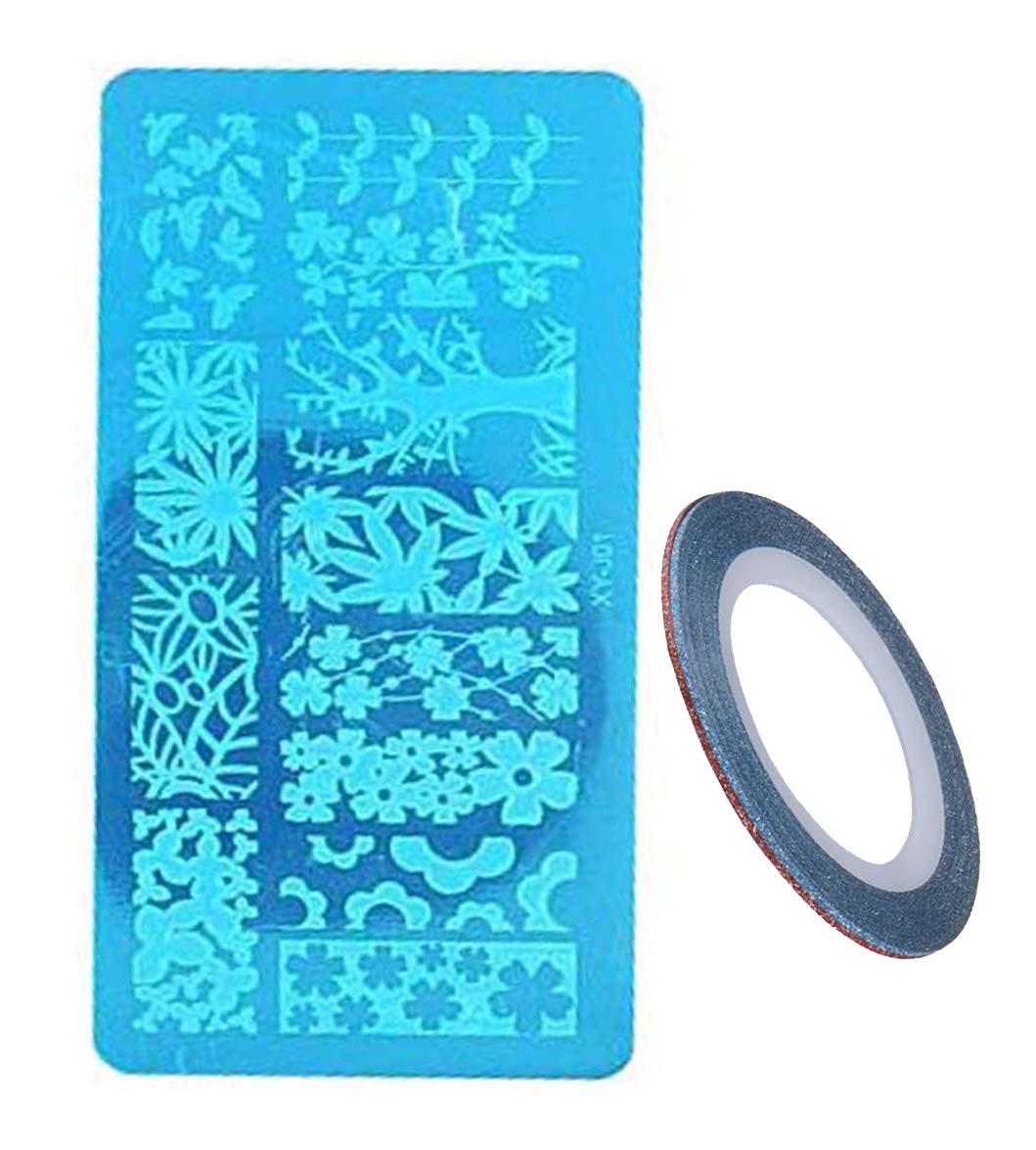 FOK 1Pc Random Design Nail Art Stamping Plate & French Manicure Tip Sticker with Nail Art Tape Set - DIY Nail Decoration for Home Salon, Parties & Gift Giving