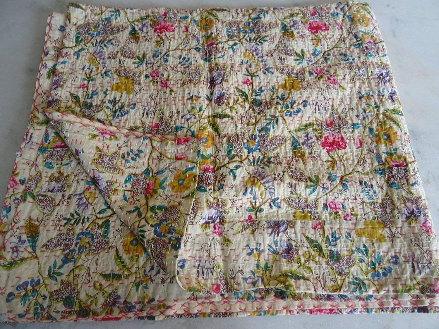 Bohemian Floral Print Kantha Quilt Queen Size - 90x108 Inch Handmade Cotton Bedspread, Lightweight Blanket & Bed Cover for Boho Chic Bedroom Decor | Perfect for Cozy Nights, Guest Rooms & Bohemian Home Styling