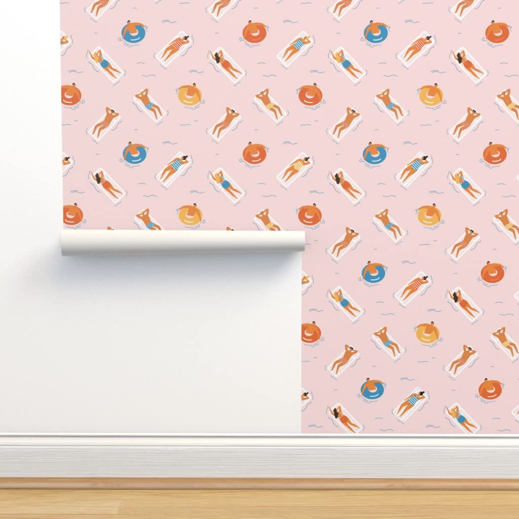 Premium Commercial Grade Wallpaper - 27ft x 2ft Pink Summer Swim Hawaii Tropical Design by Spoonflower | Waterproof Peel & Stick Wallpaper for Bathroom, Kitchen, Bedroom, and Home Decor