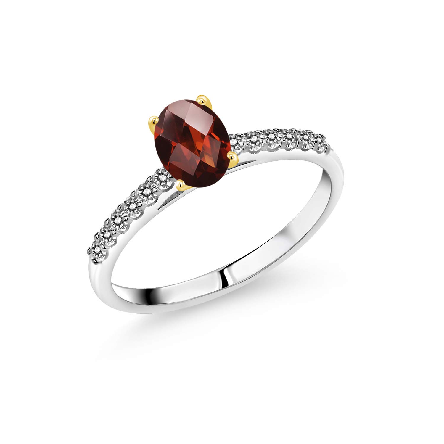 1.20 Ct Oval Checkerboard Red Garnet & White Diamond Ring in 10K White Gold with Yellow Gold Prongs | Gem Stone King | Elegant Jewelry for Weddings, Anniversaries & Special Occasions