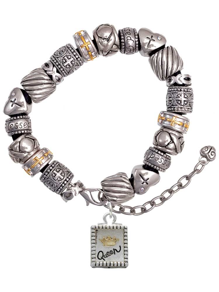 Delight Jewelry Shadow Box 'Queen' Goldtone Crown Silver Christian Bead Bracelet 7+2 Inches - Perfect for Gifts, Religious Occasions & Everyday Wear
