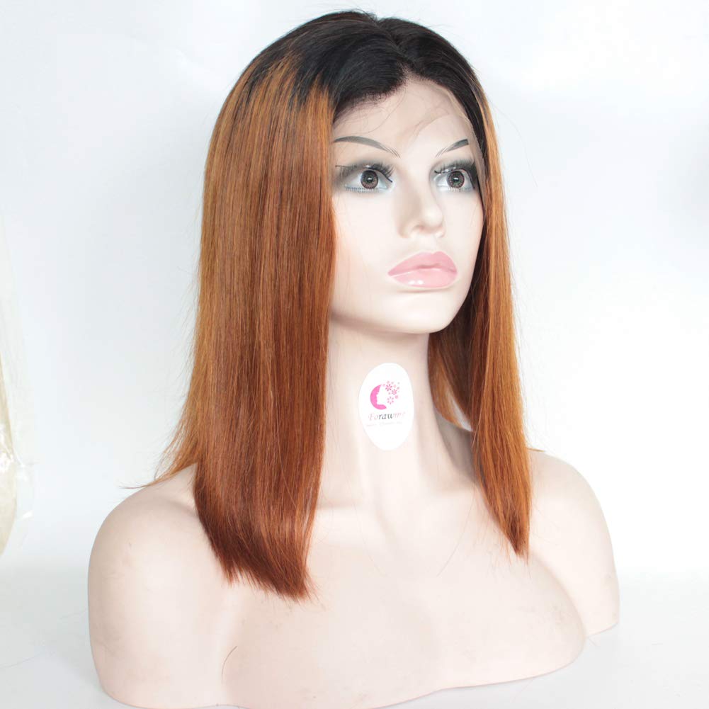 150% Density Straight Human Hair Bob Wig with 13x4 Lace Front - #1B/30 Brown Ombre 12 Inch Short Glueless Pre-Plucked Hairline - Perfect for Daily Wear, Cosplay & Special Occasions