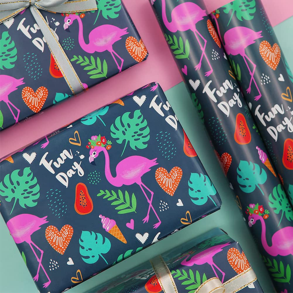 Geluode Flamingo Wrapping Paper - 6 Sheets 20x28 Inches, Tropical Hawaiian Aloha Theme for Birthday, Christmas & Party Gifts - Perfect for Beach Weddings, Luau Parties & Summer Celebrations