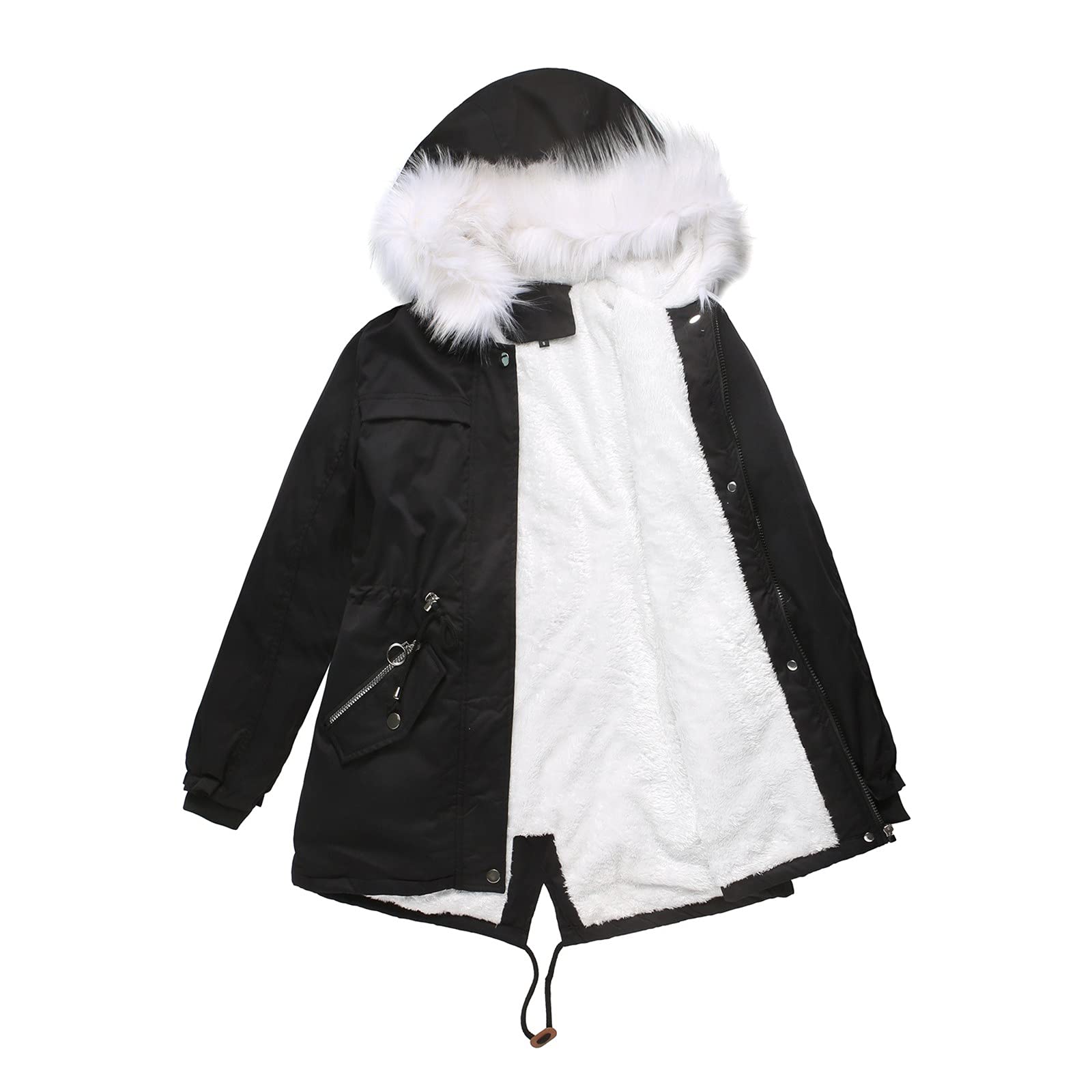 Women's Mid-Length Hooded Winter Coat - Solid Color Fleece-Lined Warm Padded Jacket with Fur Collar | Plus Size Cold Weather Outerwear for Snowy Days & Casual Winter Fashion