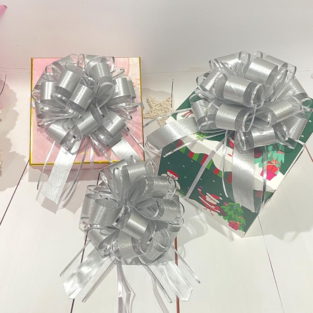 6-Piece Silver Pull Bow Gift Wrapping Ribbons - 6 Inch Wedding Present Bows for Packages, Gift Baskets, Christmas Decorations, Bridal Showers & Party Supplies (Perfect for Holiday Gifts, Wedding Favors & Festive Decor)