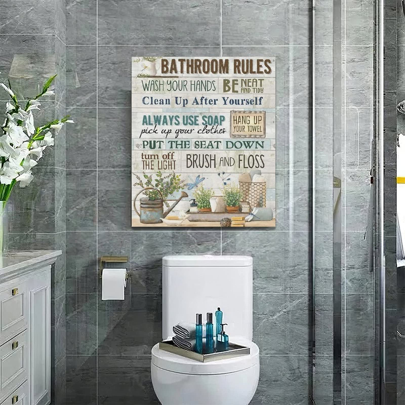 Rustic Bathroom Rules Canvas Wall Art - Farmhouse Decor with Wood Background, Framed Bath & Laundry Room Sign for Home Decor | Perfect for Bathroom, Powder Room & Guest House Decorations