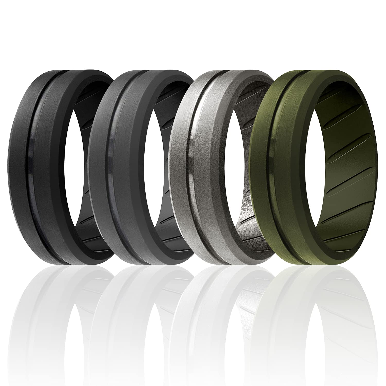 ROQ Silicone Rubber Wedding Ring for Men - Comfort Fit, Breathable, 8mm Wide 2mm Thick with Engraved Middle Line - Multi Packs & Colors - Perfect for Active Lifestyles, Gym, Swimming & Outdoor Adventures