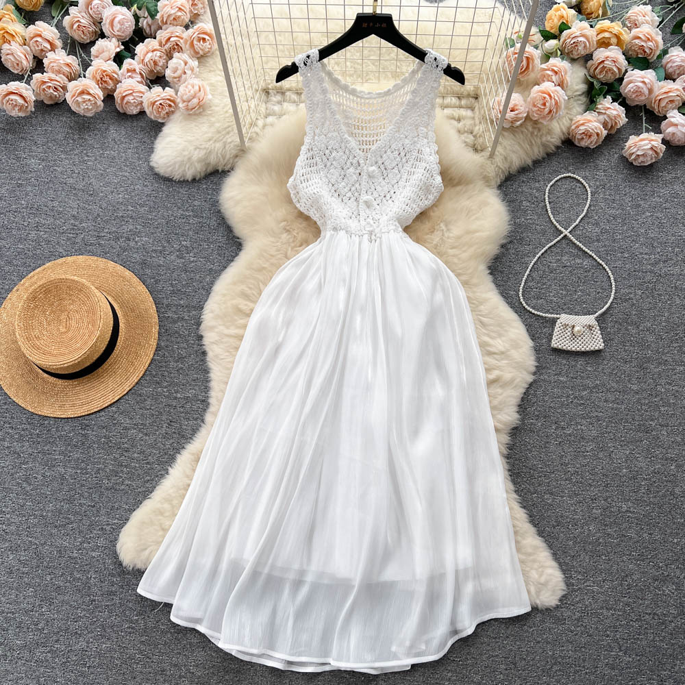 Women's Knitted Vest Dress - Summer V Neck Hollow Mesh Skirt with Belt | Casual Boho Chic Outfit for Beach, Vacation & Date Night
