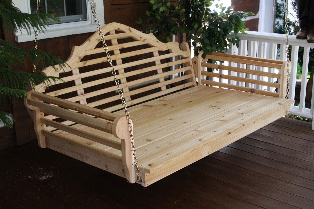 A & L Furniture Marlboro Swing Bed - Outdoor Patio Hanging Bed with Mushroom Stain Finish for Porch, Garden, or Backyard Relaxation