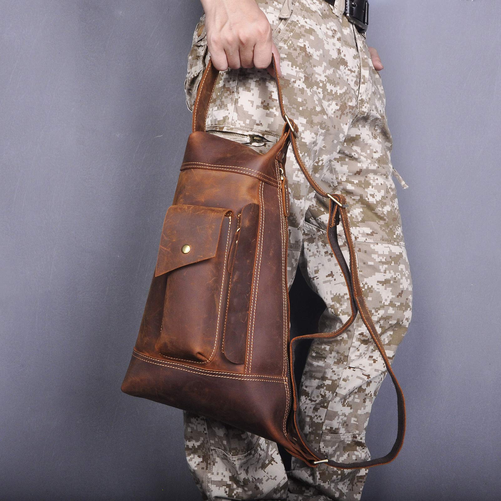 Le'aokuu Men's Leather Crossbody Sling Bag - Large Outdoor Hiking Travel Chest Shoulder Bag for Men (Brown) | Perfect for Hiking, Travel, Work Commute & Daily Use